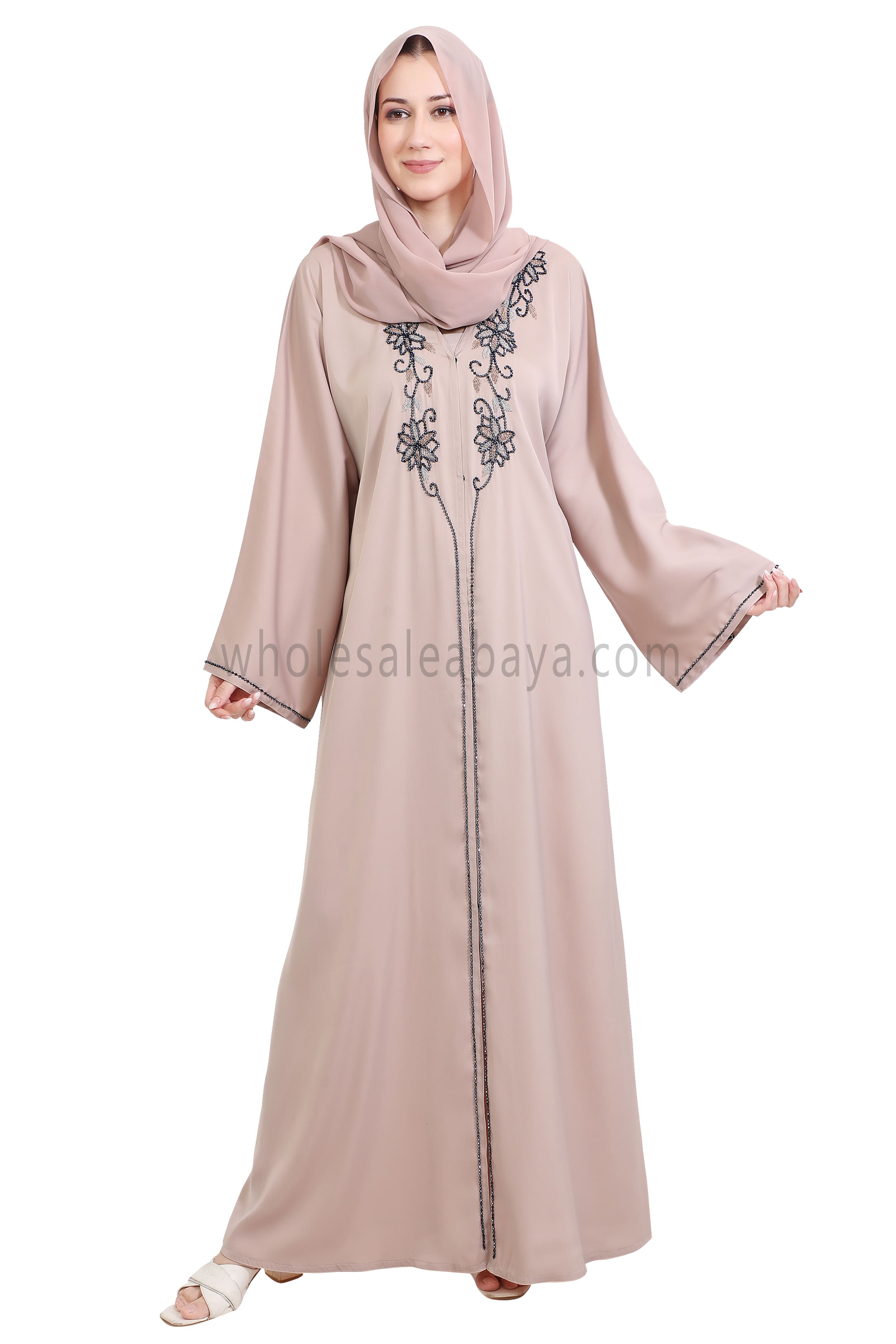 Open Abaya Style With Floral Vine Handwork