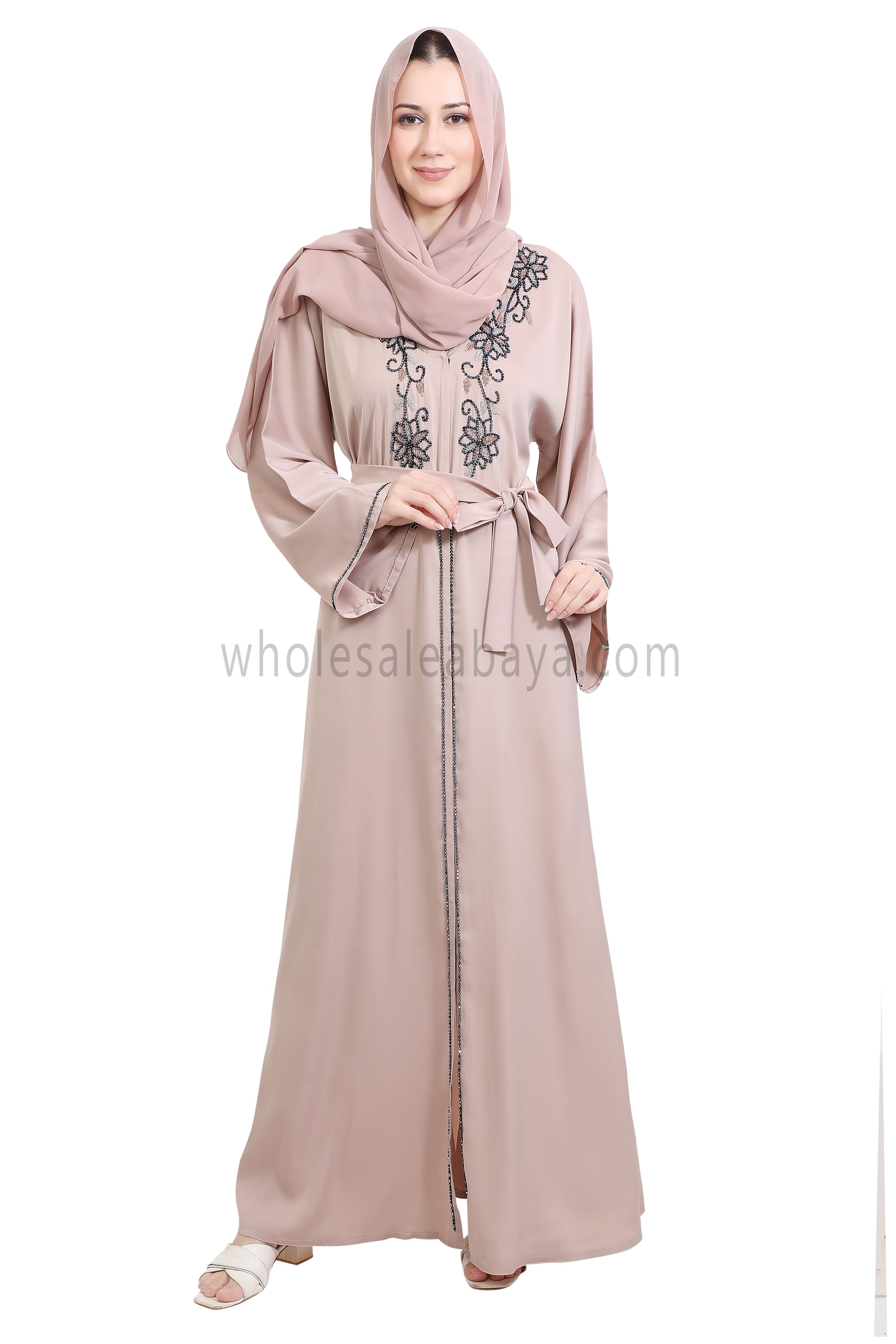 Open Abaya Style With Floral Vine Handwork