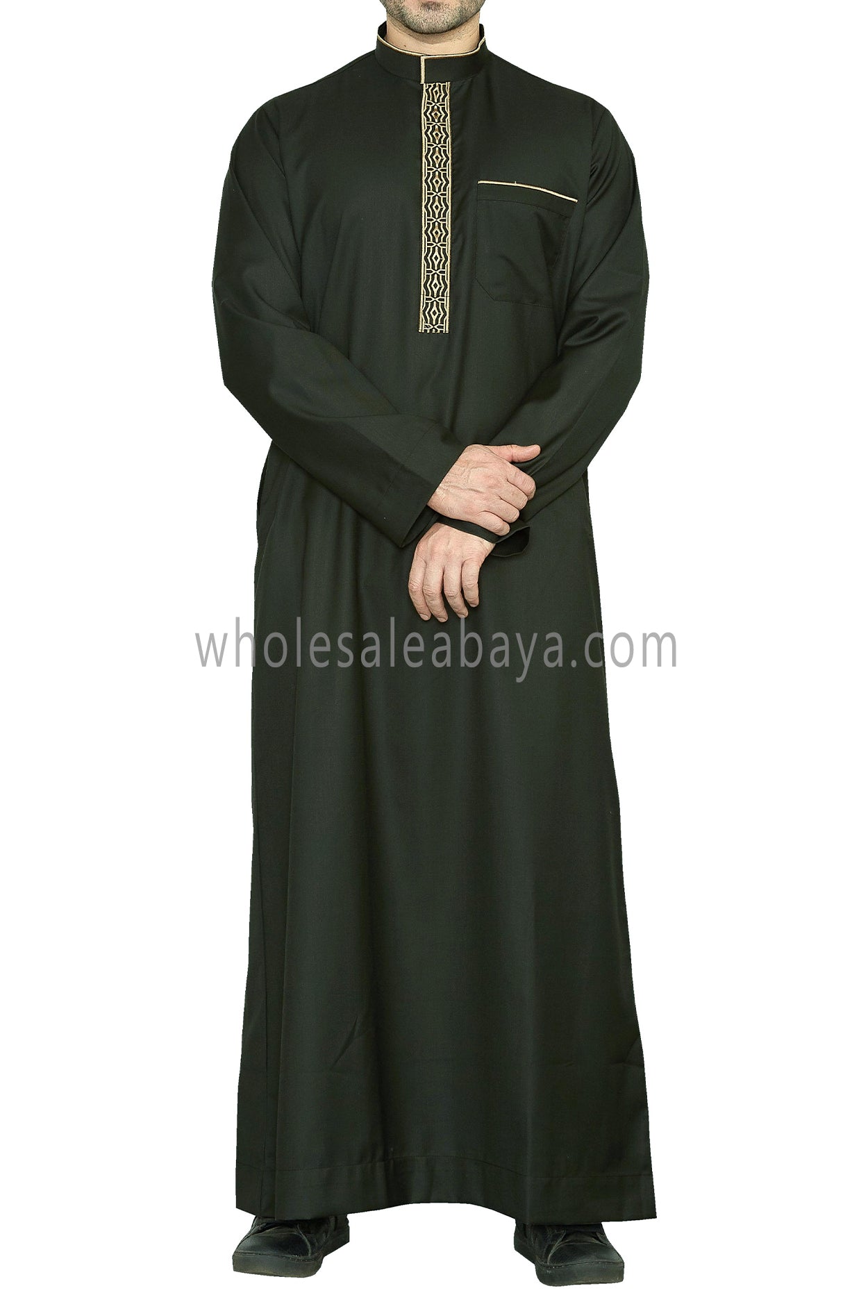 Elegant Men's Collar Thoube With Embroidery Khaki Green