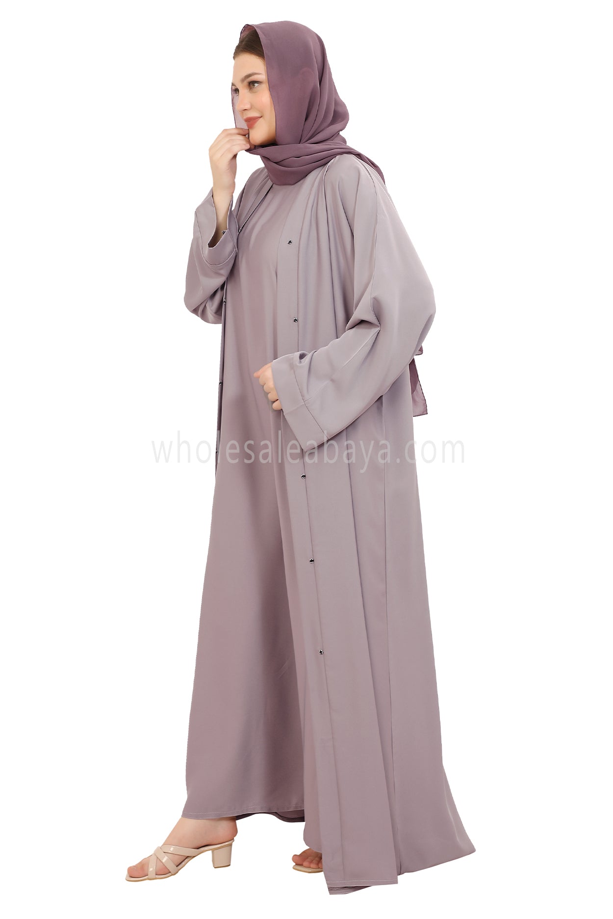 Front Open Nida Abaya with Buttons 30051 Lilac Grey