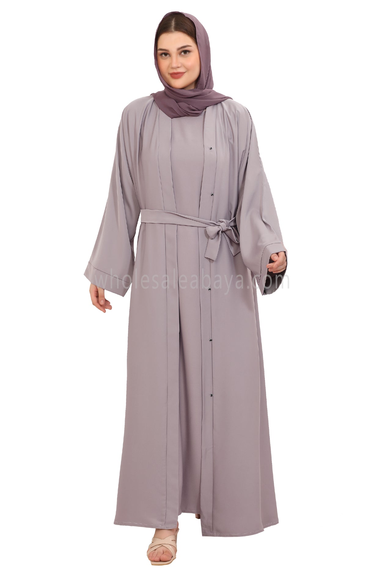 Front Open Nida Abaya with Buttons 30051 Lilac Grey
