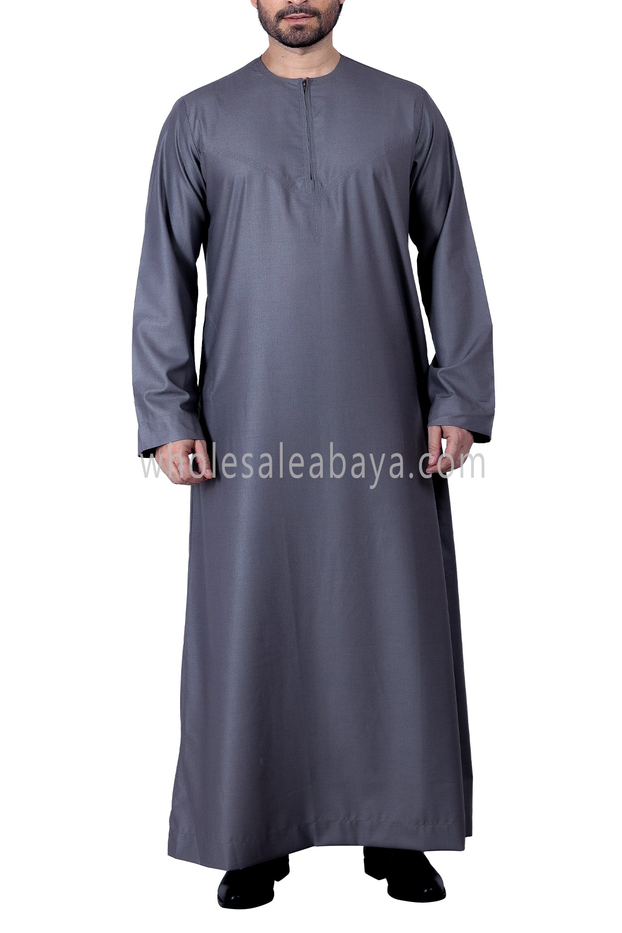 Men's Classic Plain Omani Thoube With Front Zip Charcoal Grey
