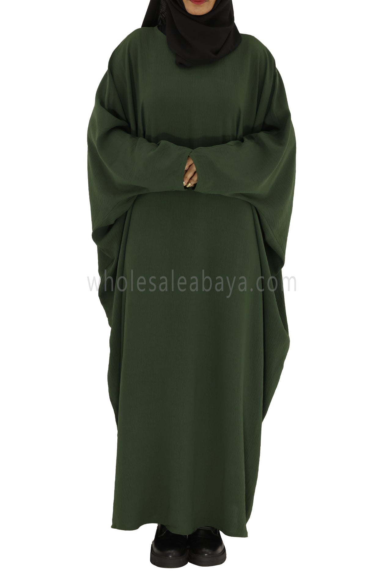 Plain Closed Butterfly Abaya With Inner Belt CY Crepe Khaki Green
