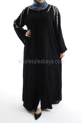 Designer Abaya with Beautiful Silver Lacework on Shoulders with Pearl 30367