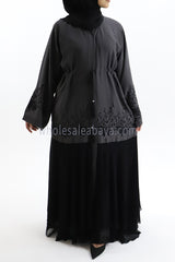 Grey zoom nida fabric flared sleeve, open abaya with inner black tassel belt 30397