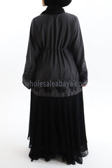 Grey zoom nida fabric flared sleeve, open abaya with inner black tassel belt 30397