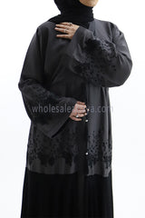 Grey zoom nida fabric flared sleeve, open abaya with inner black tassel belt 30397