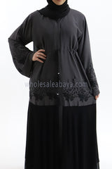Grey zoom nida fabric flared sleeve, open abaya with inner black tassel belt 30397