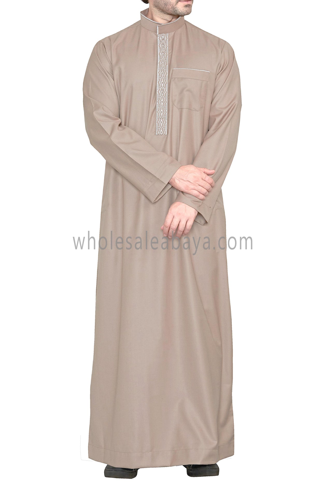 Elegant Men's Collar Thoube With Embroidery Caramel Brown