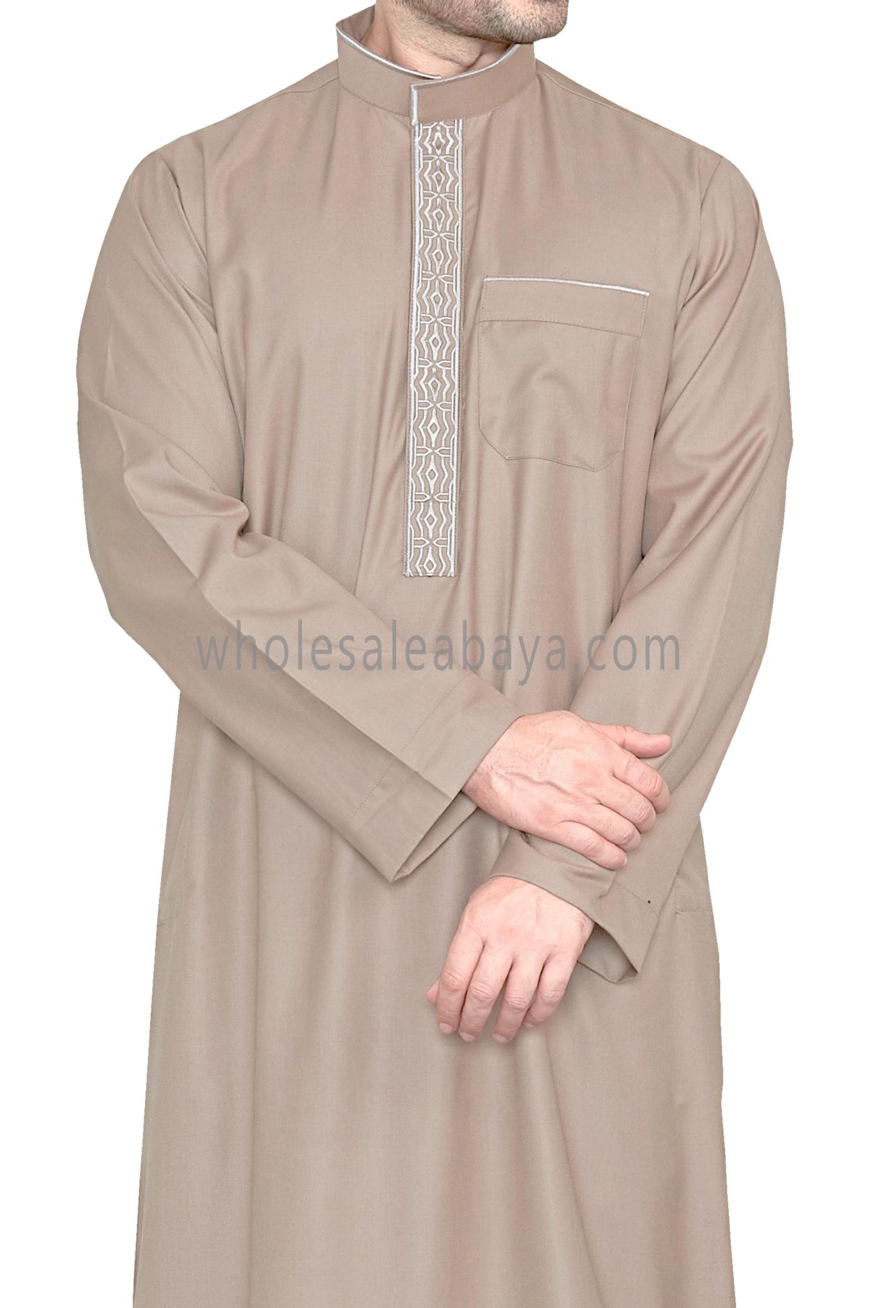 Elegant Men's Collar Thoube With Embroidery Caramel Brown