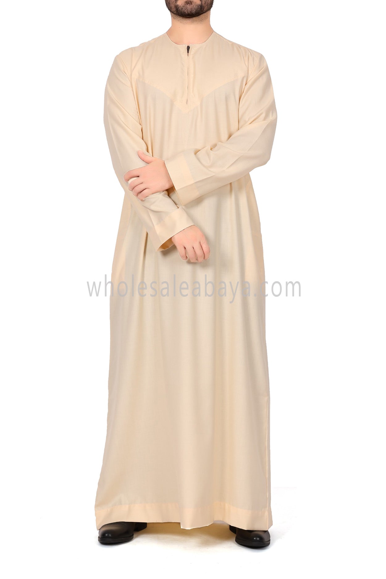 Men's Classic Plain Omani Thoube With Front Zip Cream
