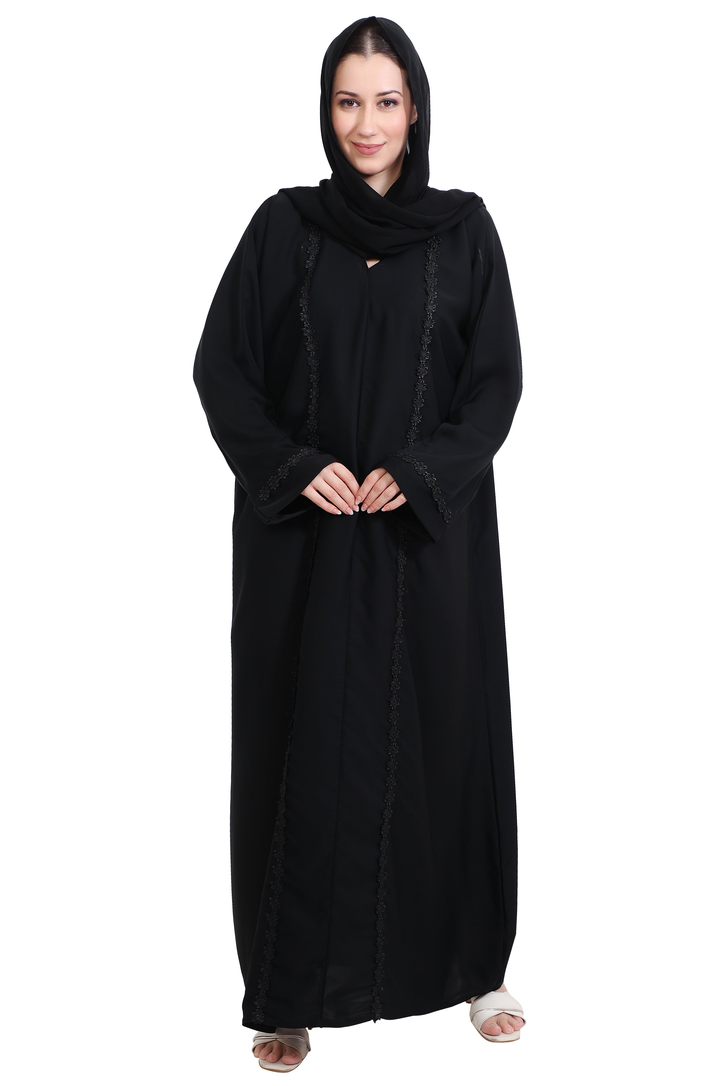 Closed Straight Cut Abaya in Gold Lace Detailing