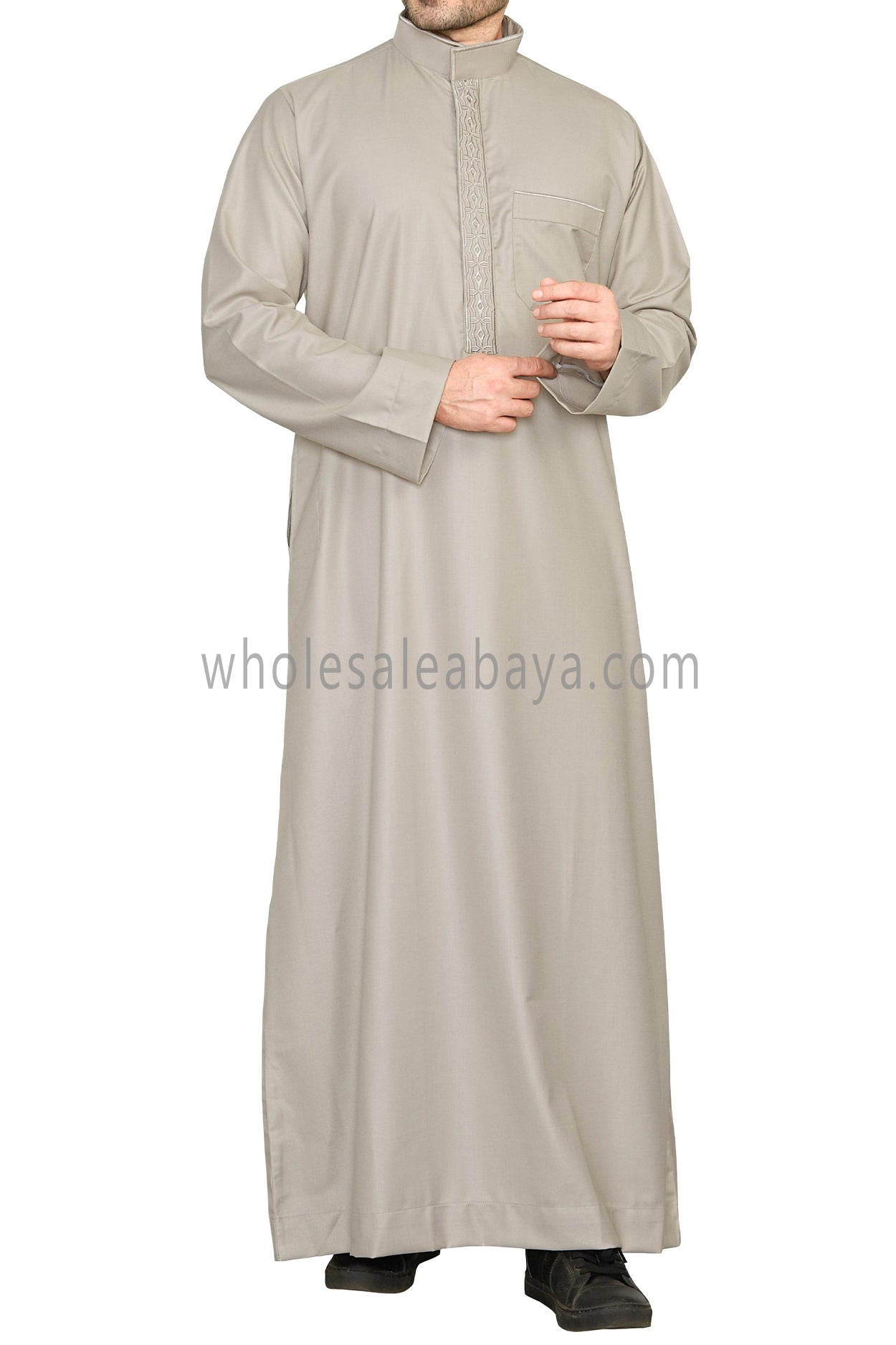 Elegant Men's Collar Thoube With Embroidery Stone Beige