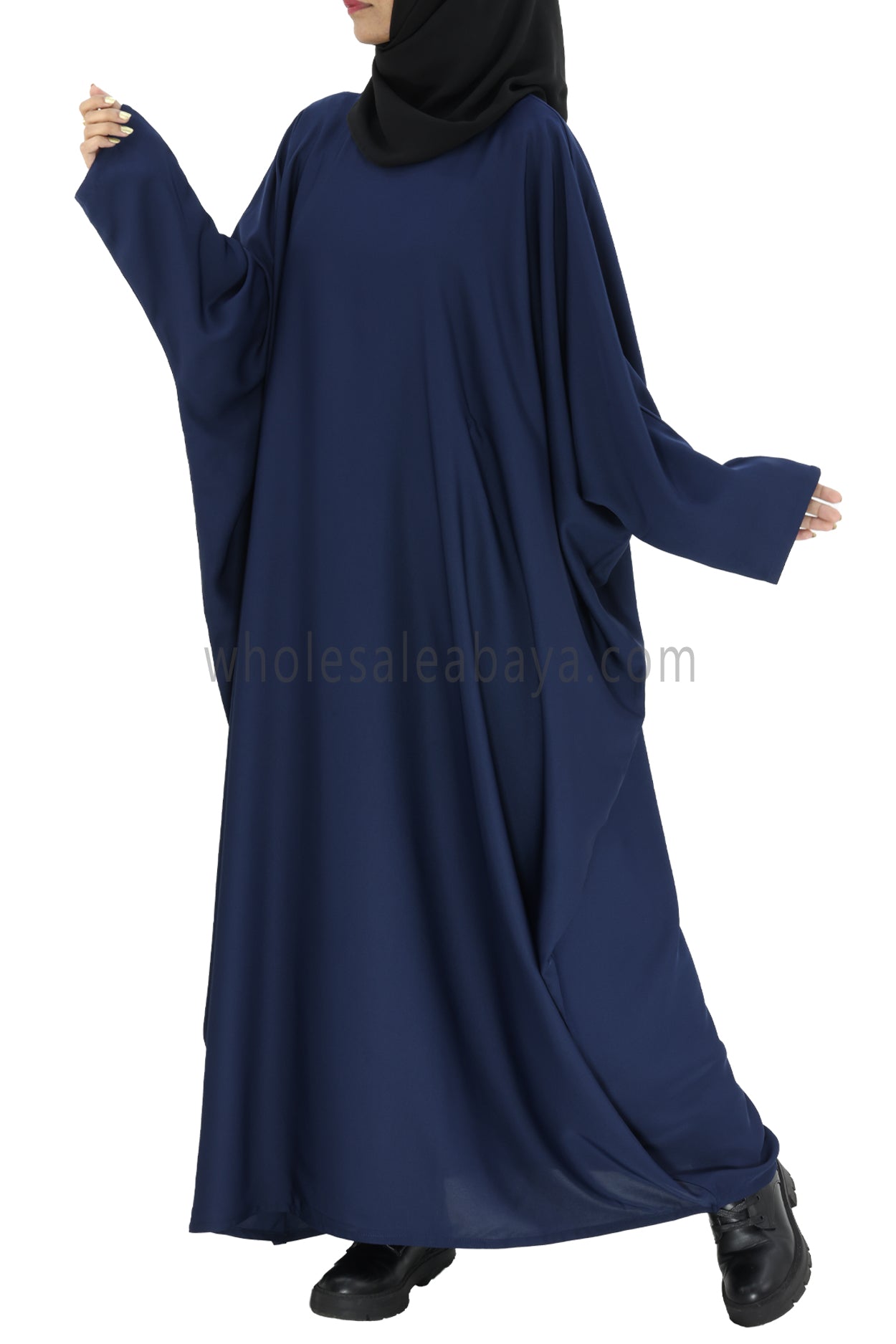 Plain Closed Butterfly Abaya With Inner Belt Navy Blue Colour