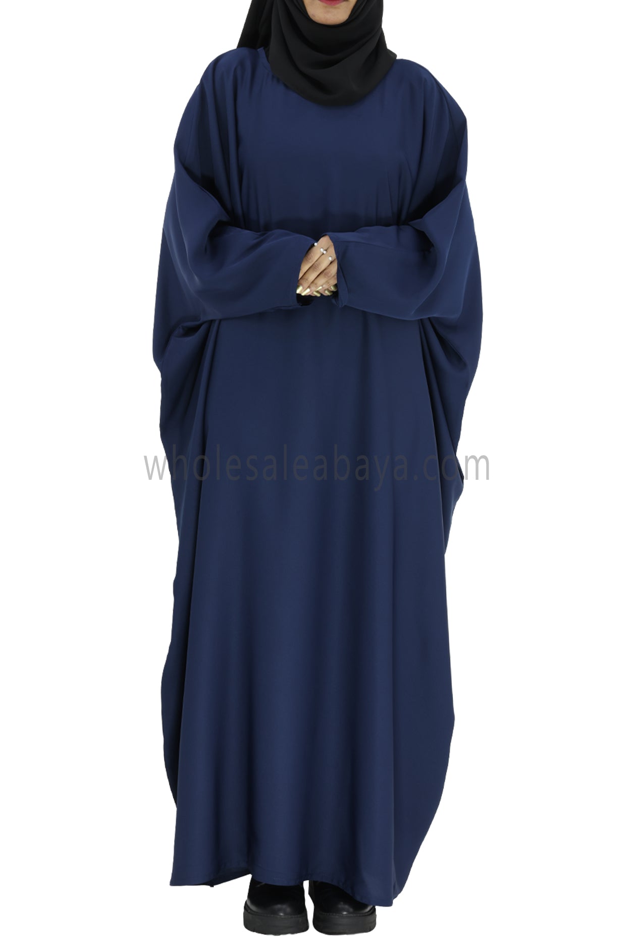 Plain Closed Butterfly Abaya With Inner Belt Navy Blue Colour