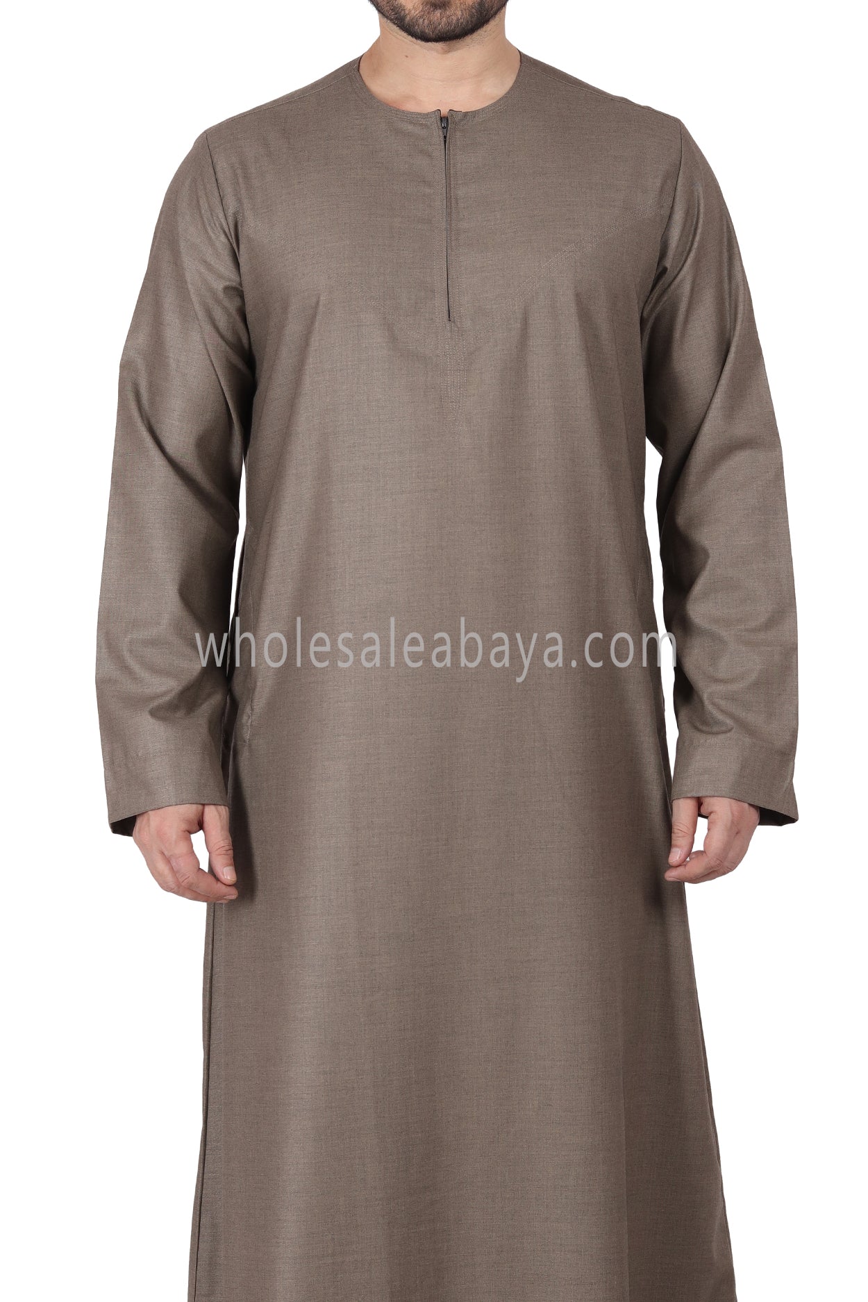 Men's Classic Plain Omani Thoube With Front Zip Dark Brown