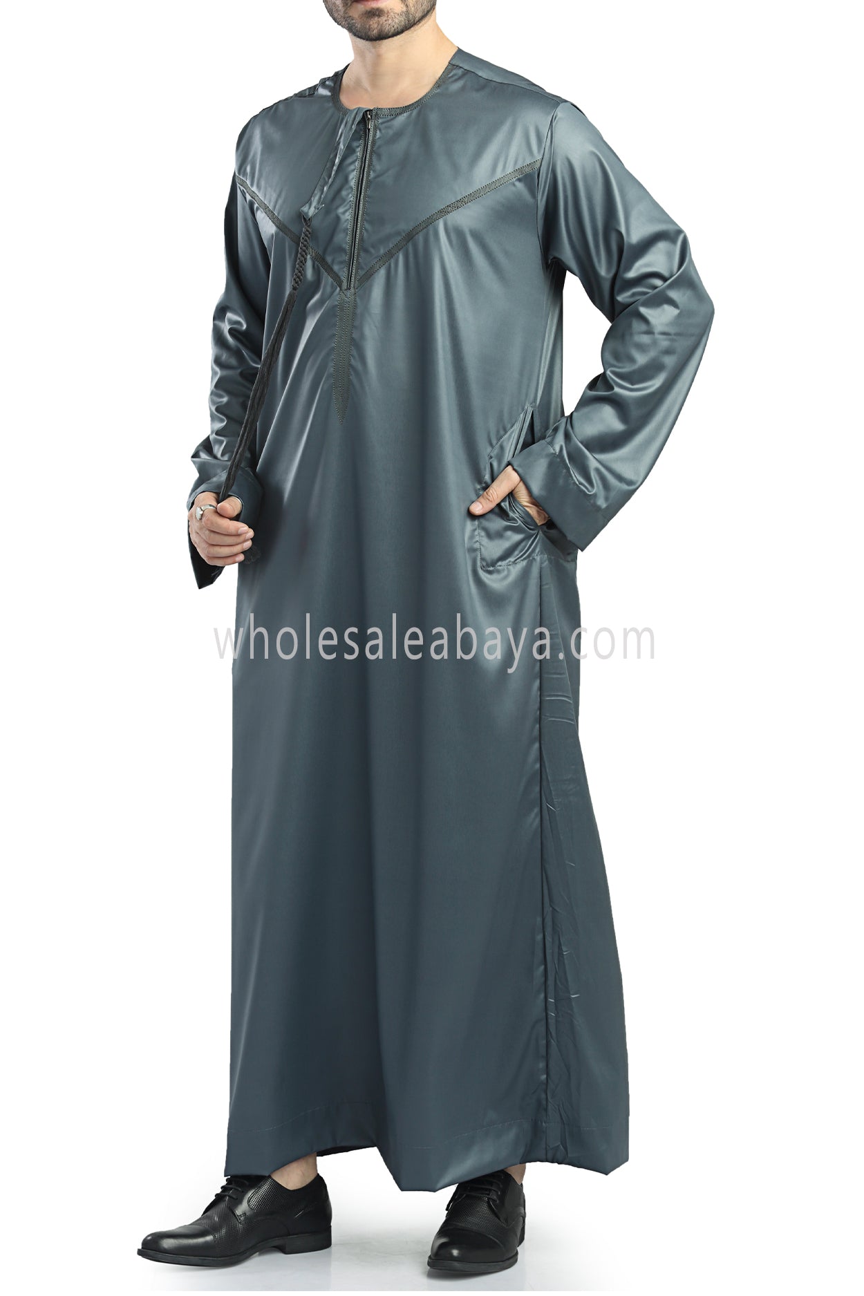 Men's Shiny Omani Thoube with Designer Tassel Smoke Green