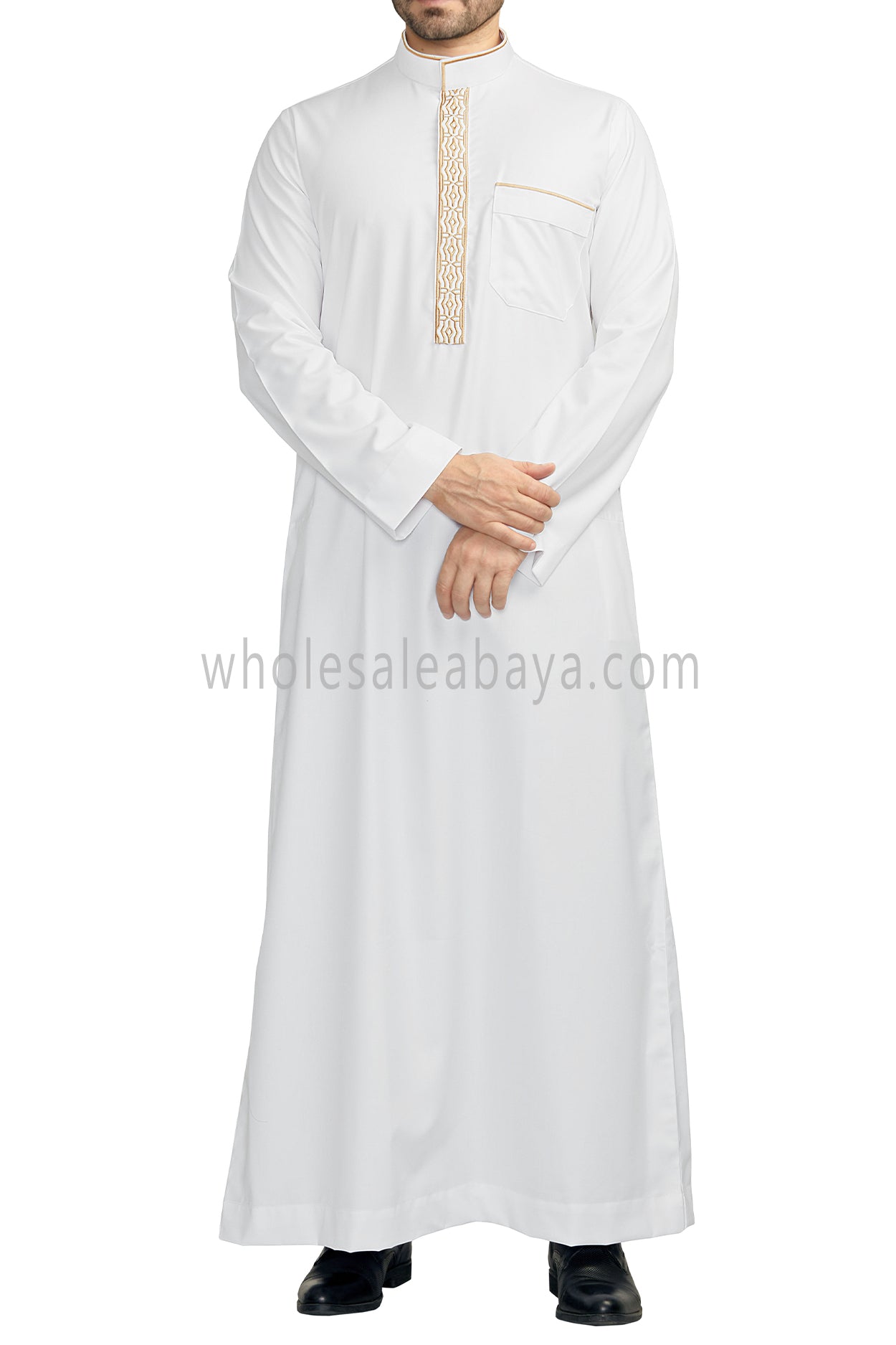 Elegant Men's Collar Thoube With Embroidery White