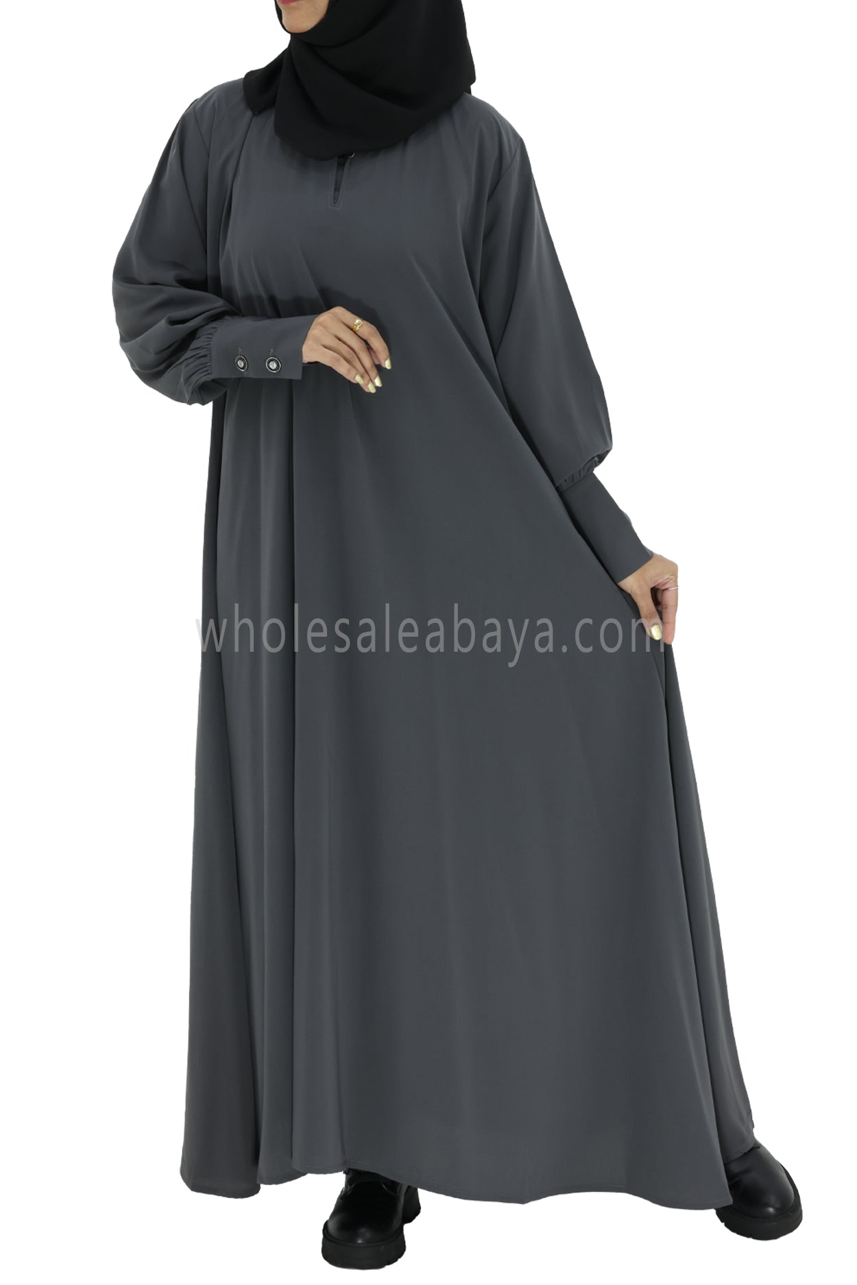 Women's Umbrella Abaya with Cuffed Sleeves Charcoal Grey