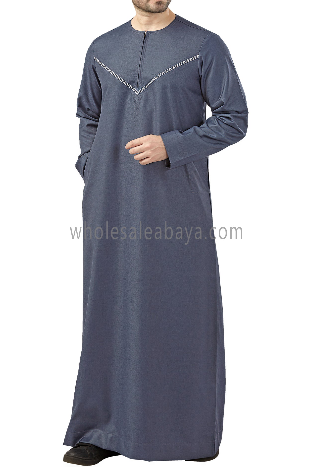 Premium Omani Thoubes with Embroidered "V" Stitching Blue Grey and White
