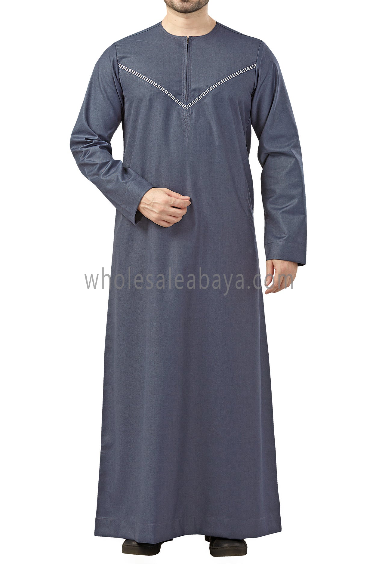 Premium Omani Thoubes with Embroidered "V" Stitching Blue Grey and White