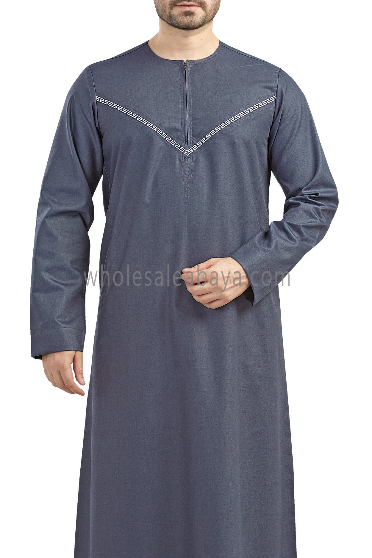 Premium Omani Thoubes with Embroidered "V" Stitching Blue Grey and White