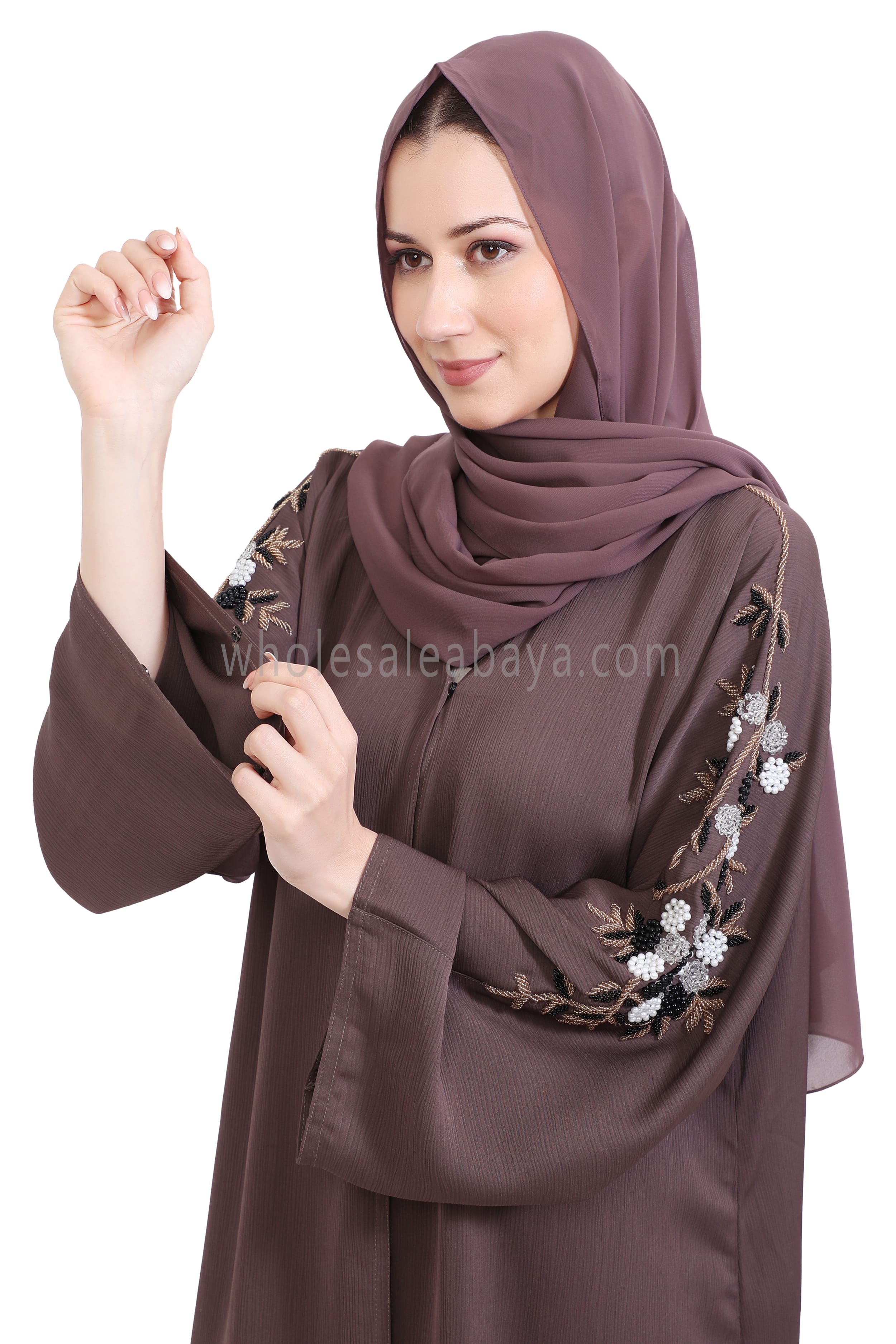 Open Abaya Style With Floral and Leaf Handwork