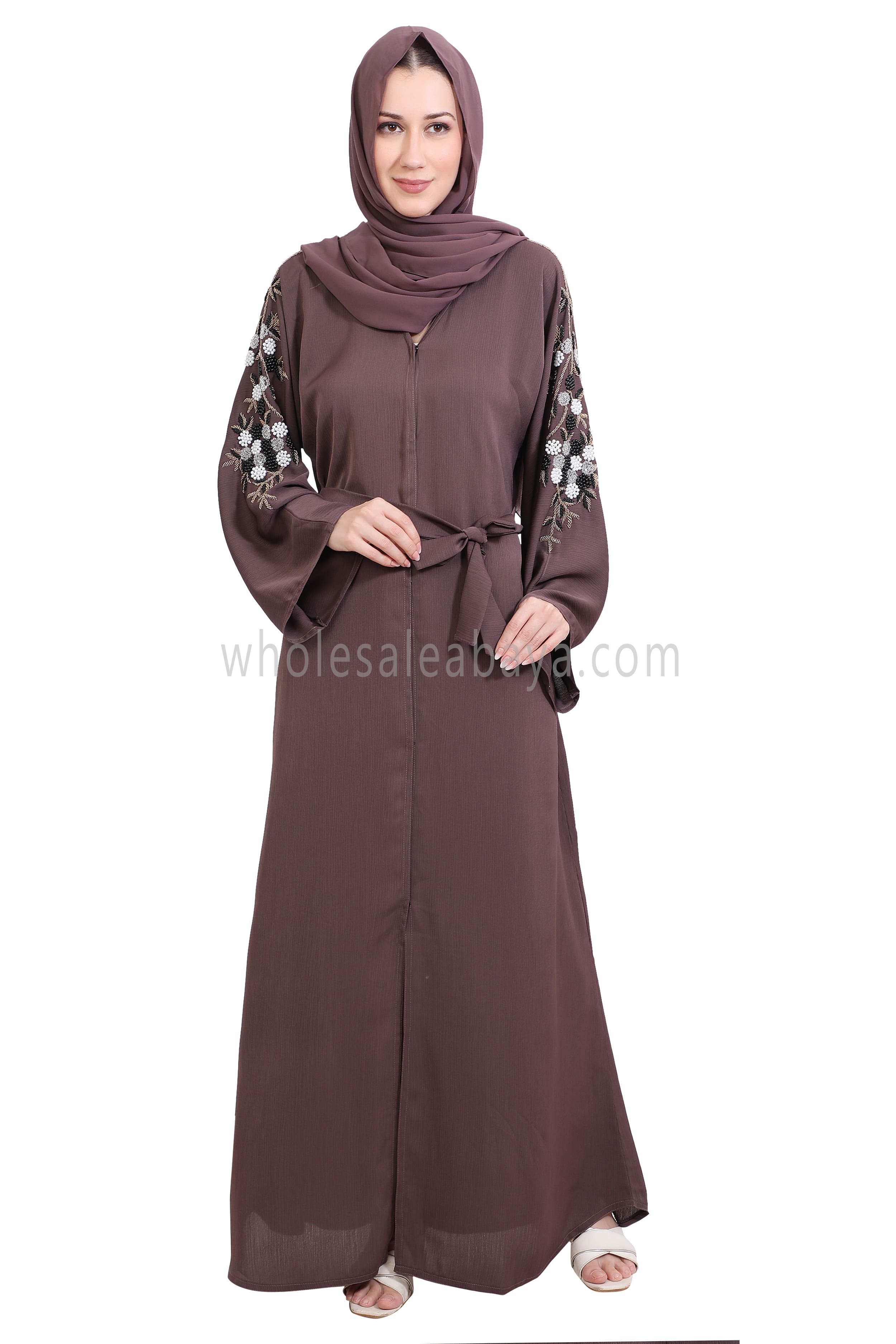 Open Abaya Style With Floral and Leaf Handwork