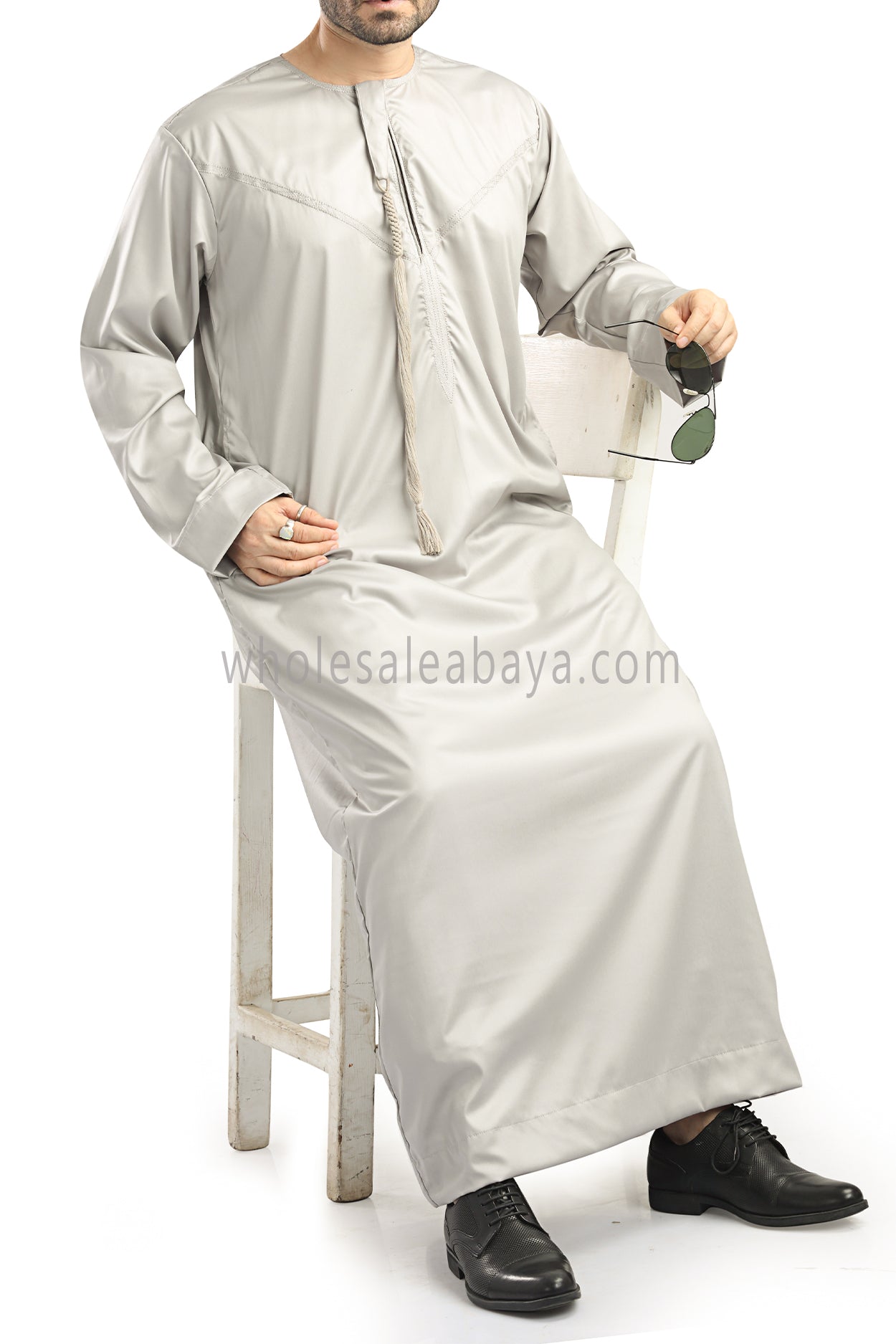 Men's Shiny Omani Thoube with Designer Tassel Stone Beige