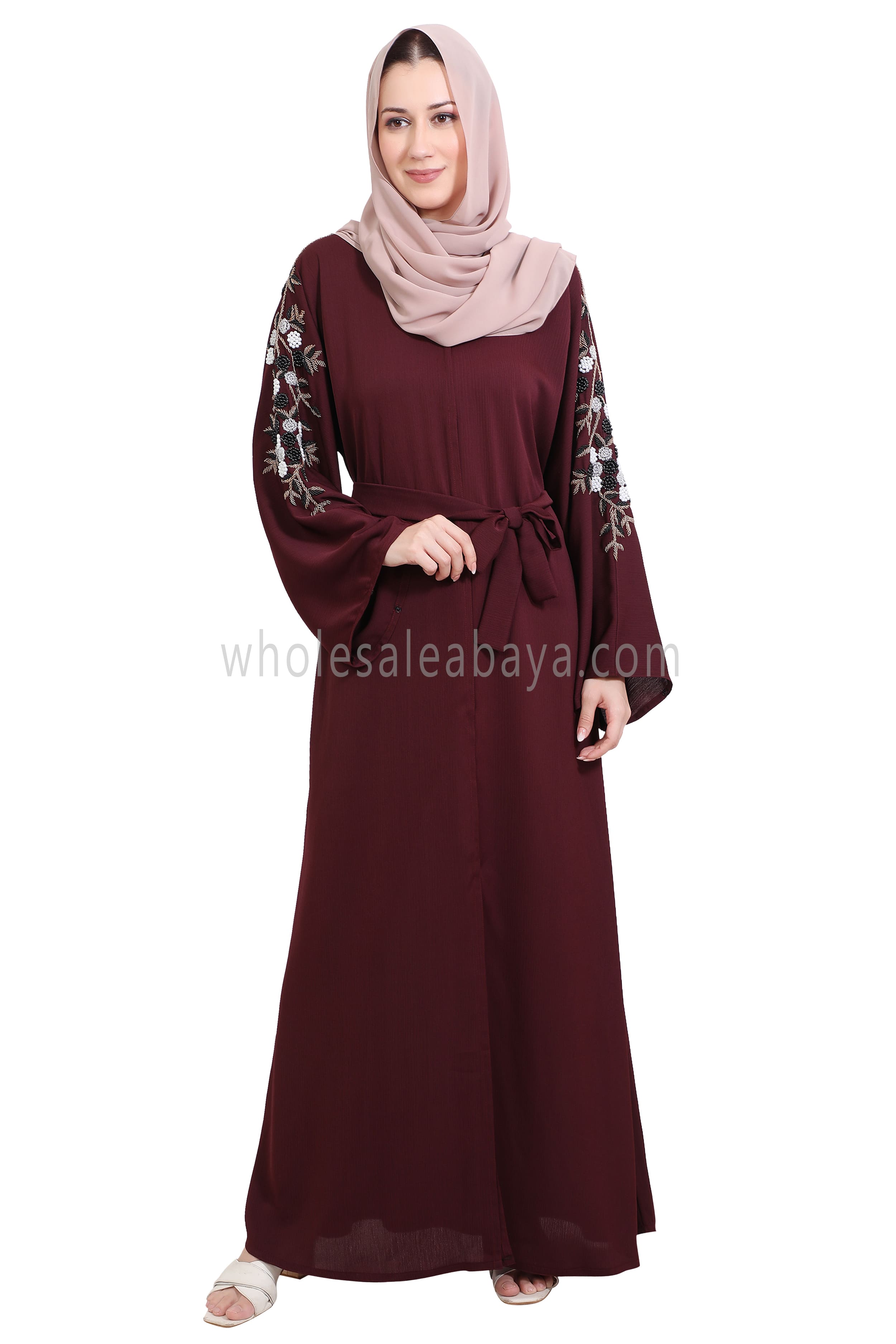 Open Abaya Style With Floral and Leaf Handwork