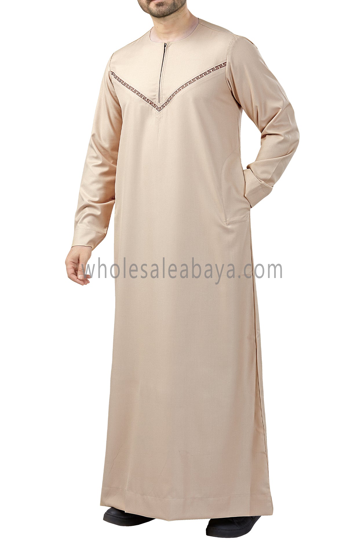 Premium Omani Thoubes with Embroidered "V" Stitching Cream and Brown
