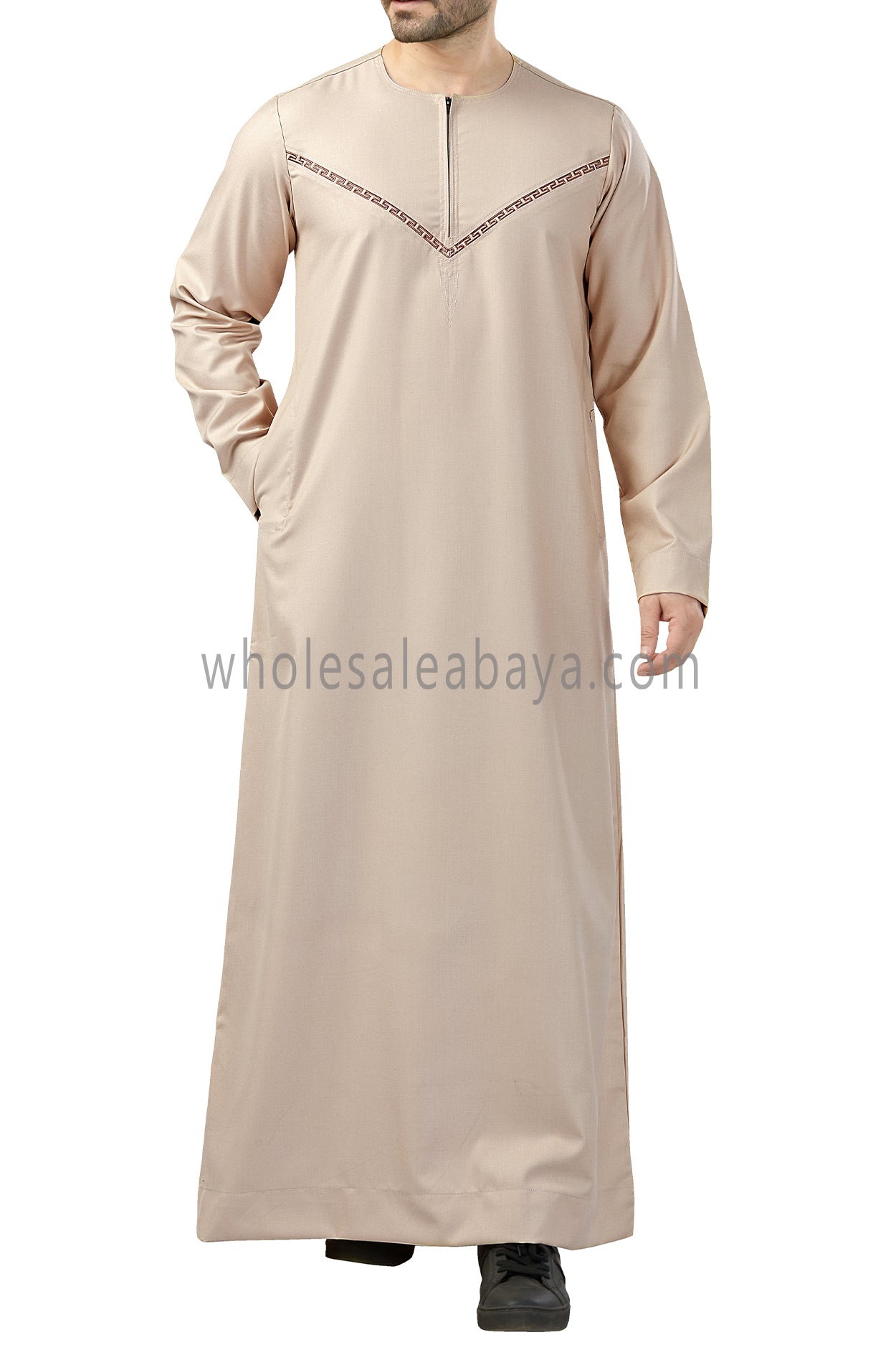 Premium Omani Thoubes with Embroidered "V" Stitching Cream and Brown
