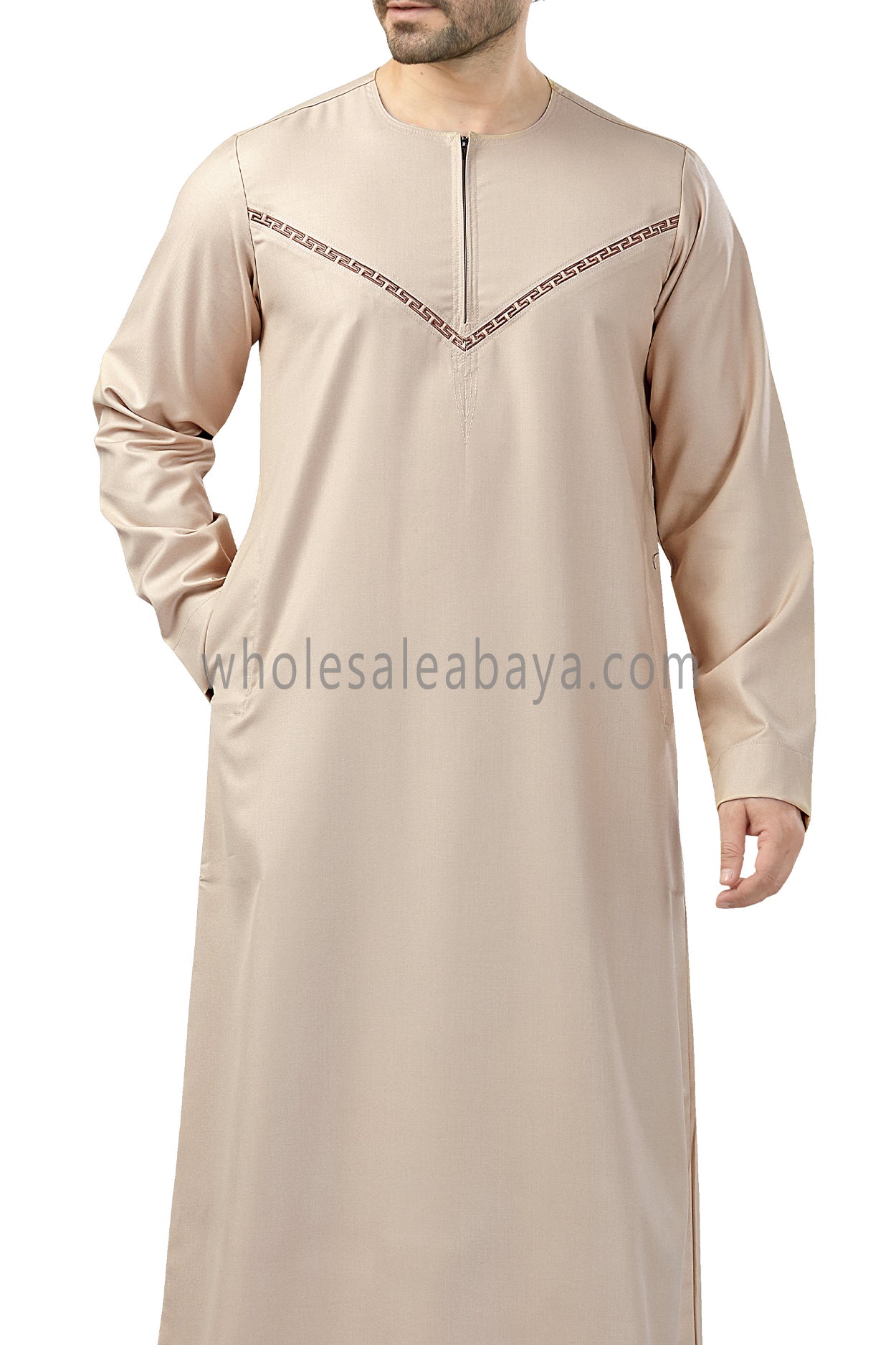 Premium Omani Thoubes with Embroidered "V" Stitching Cream and Brown