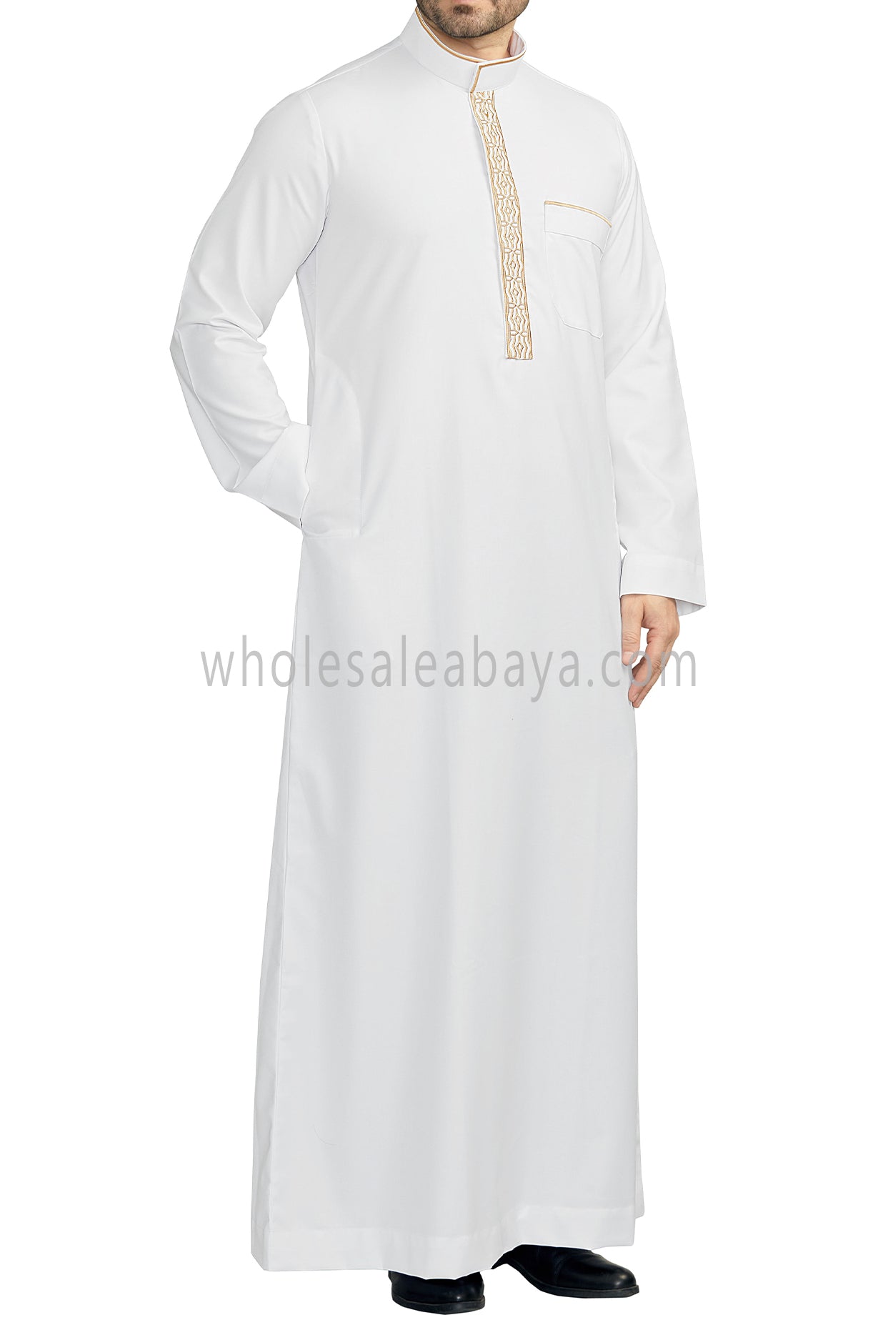 Elegant Men's Collar Thoube With Embroidery White