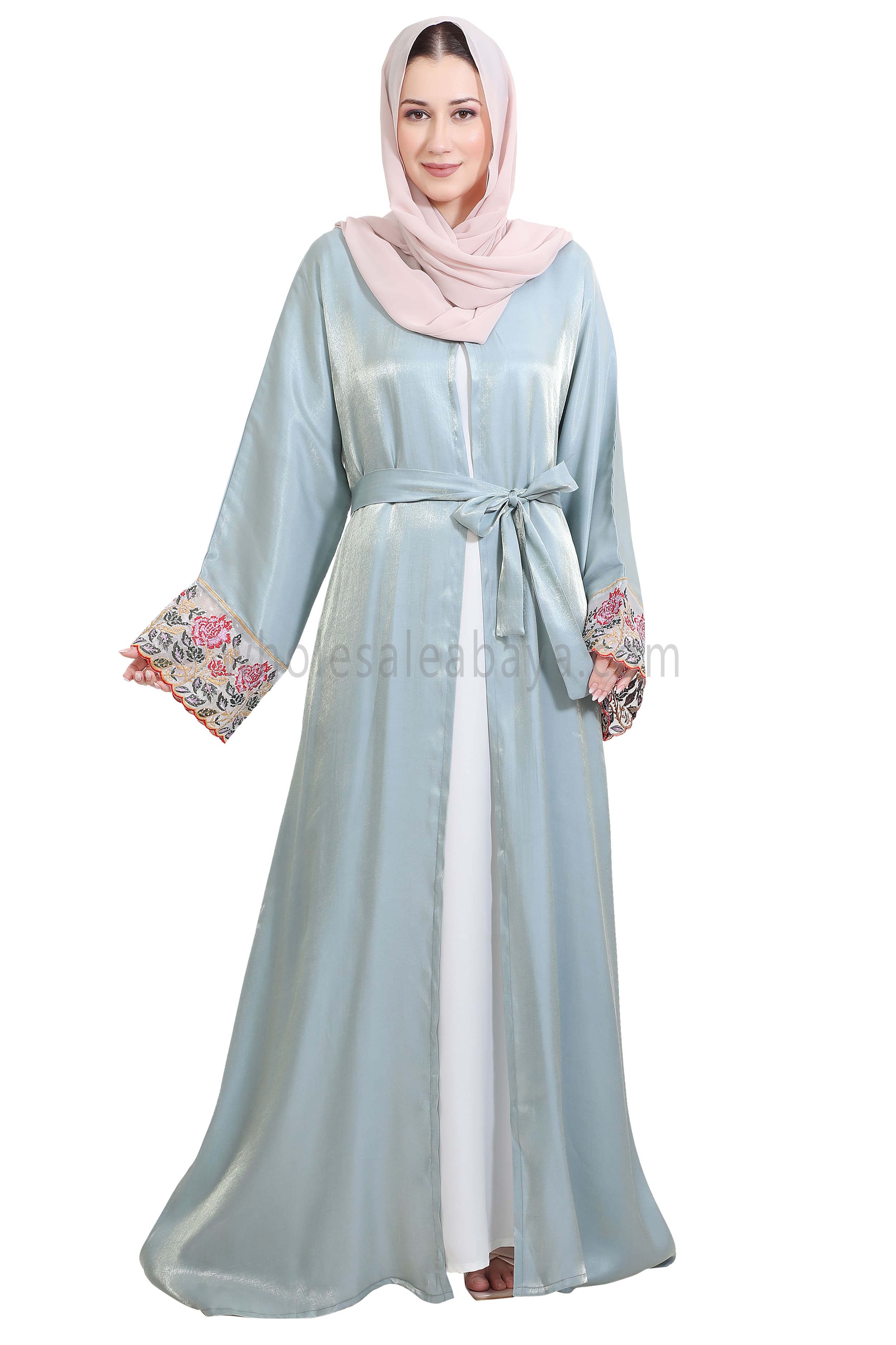 Shimmer Open Abaya With Embellished Lace on the Sleeves