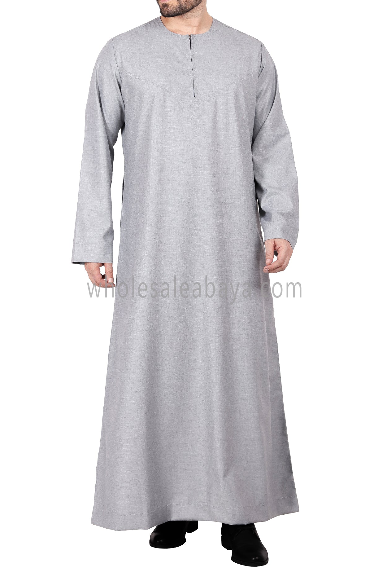 Men's Classic Plain Omani Thoube With Front Zip Light Grey