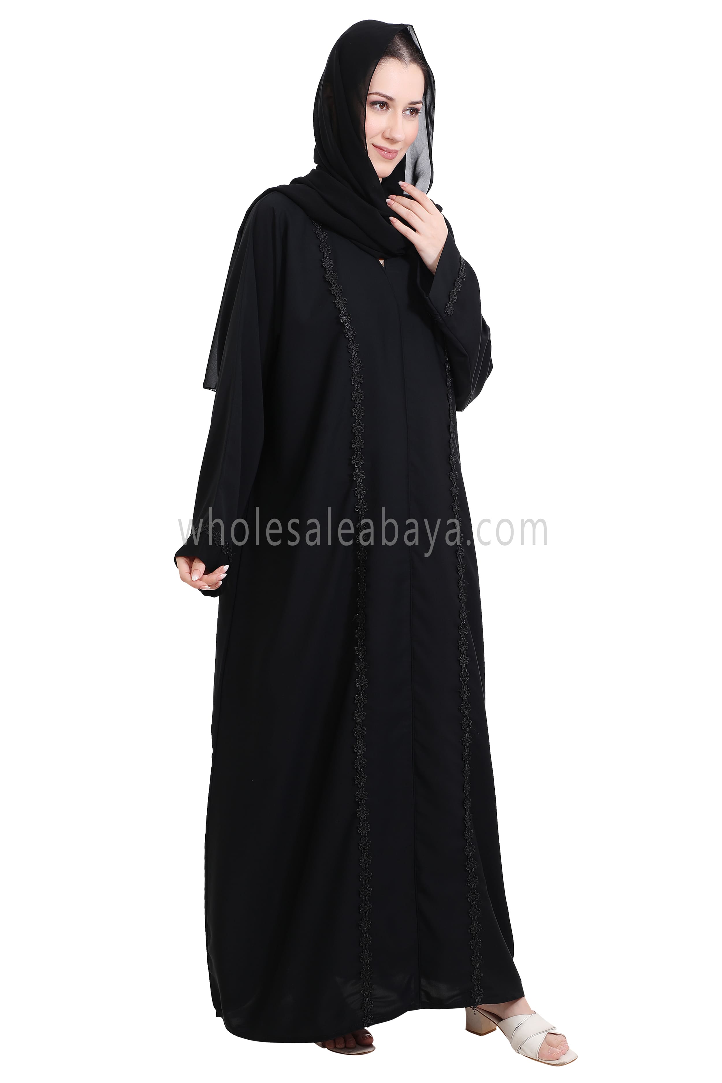 Closed Straight Cut Abaya in Off Black Lace Detailing