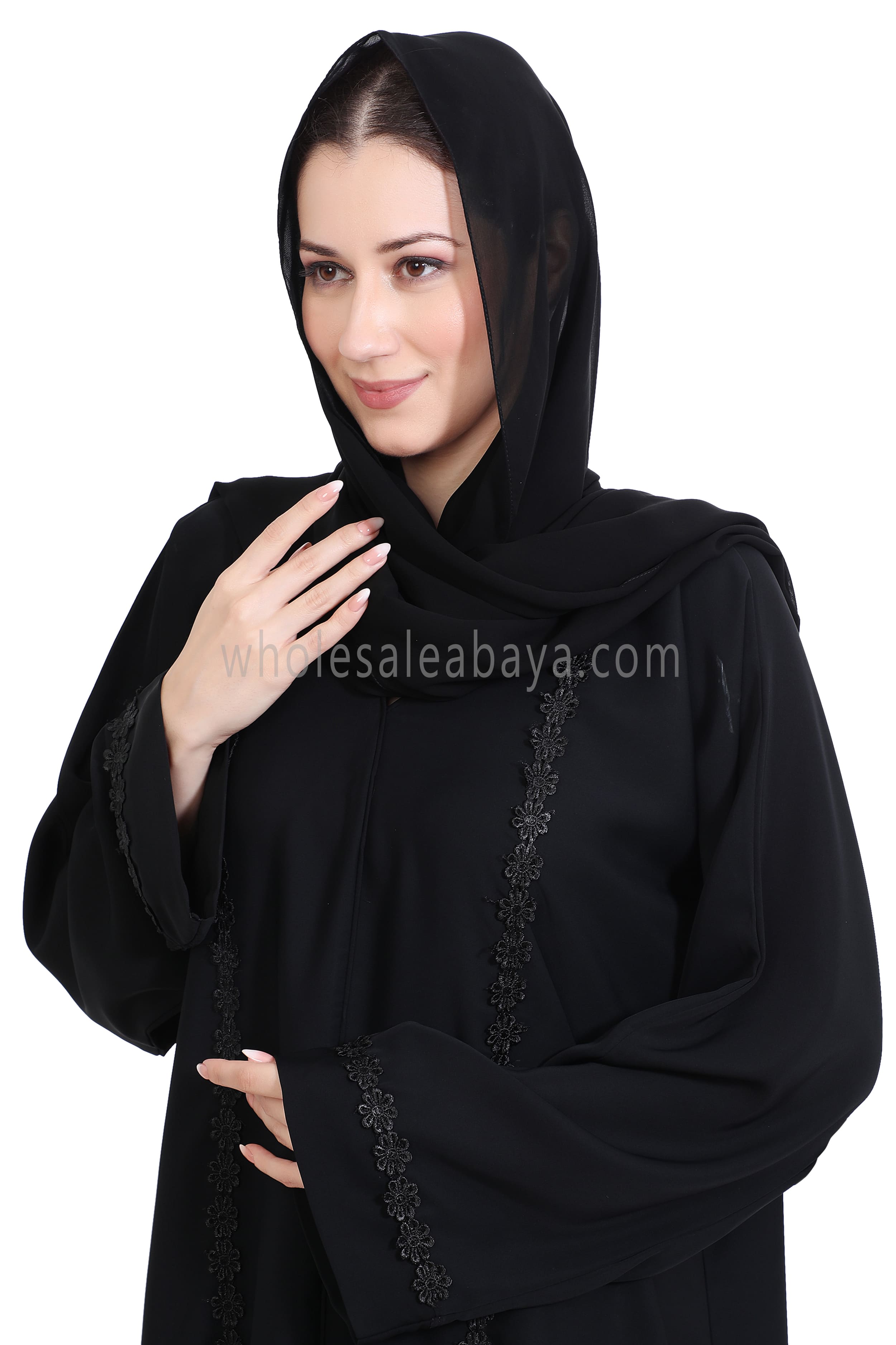 Closed Straight Cut Abaya in Off Black Lace Detailing