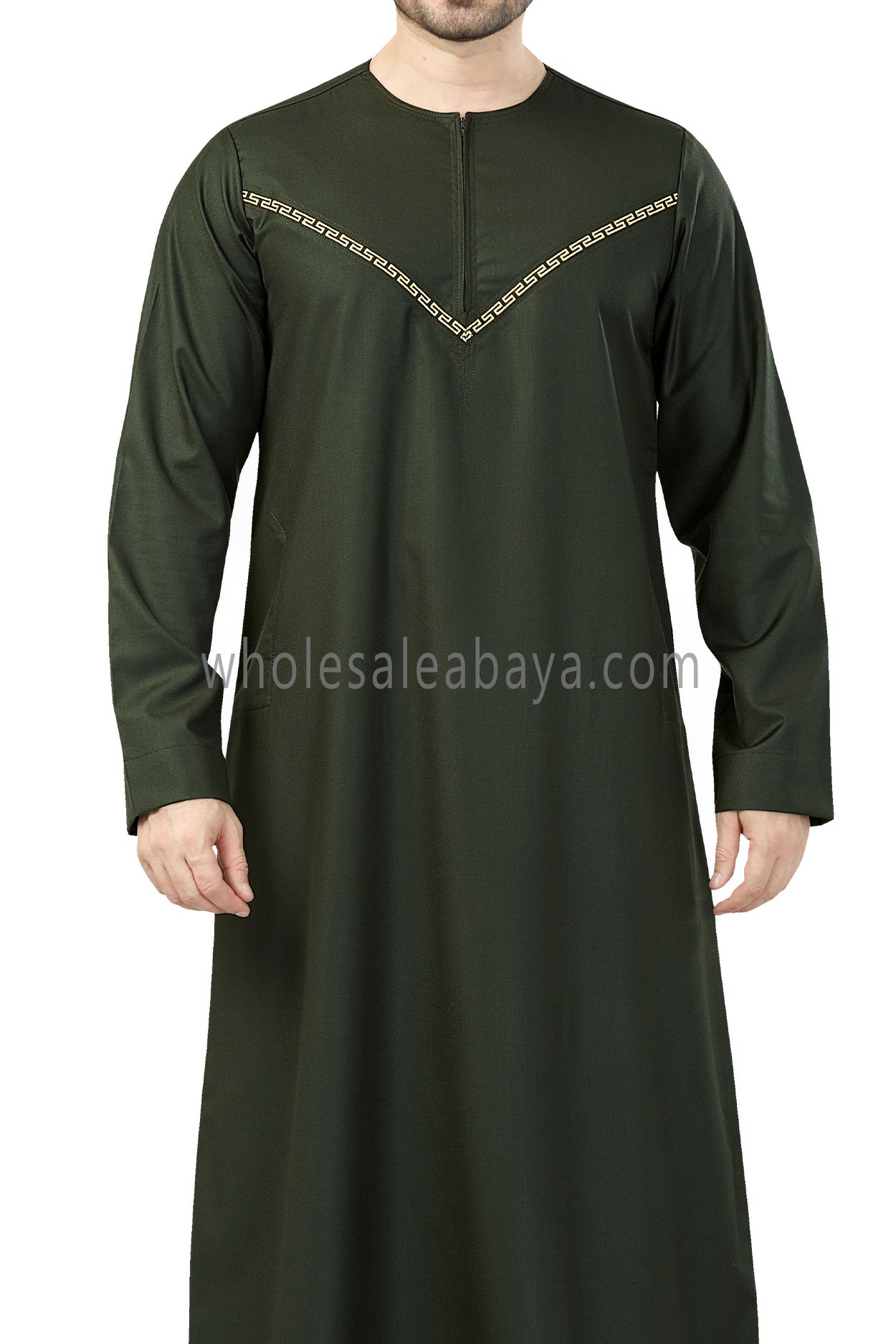 Premium Quality Omani Thoubes with Embroidered "V" Stitching Dark Green and Gold