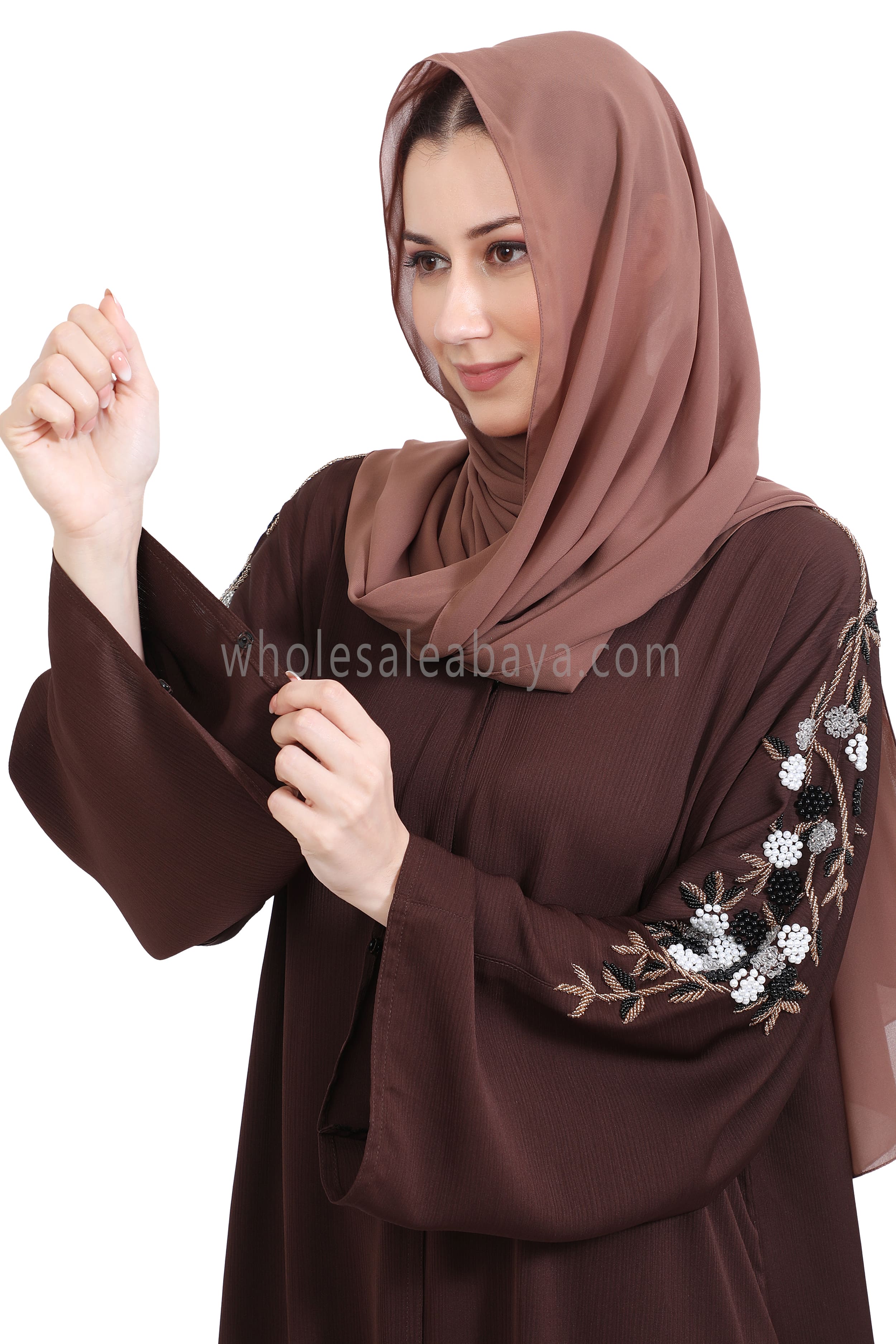 Open Abaya Style With Floral and Leaf Handwork