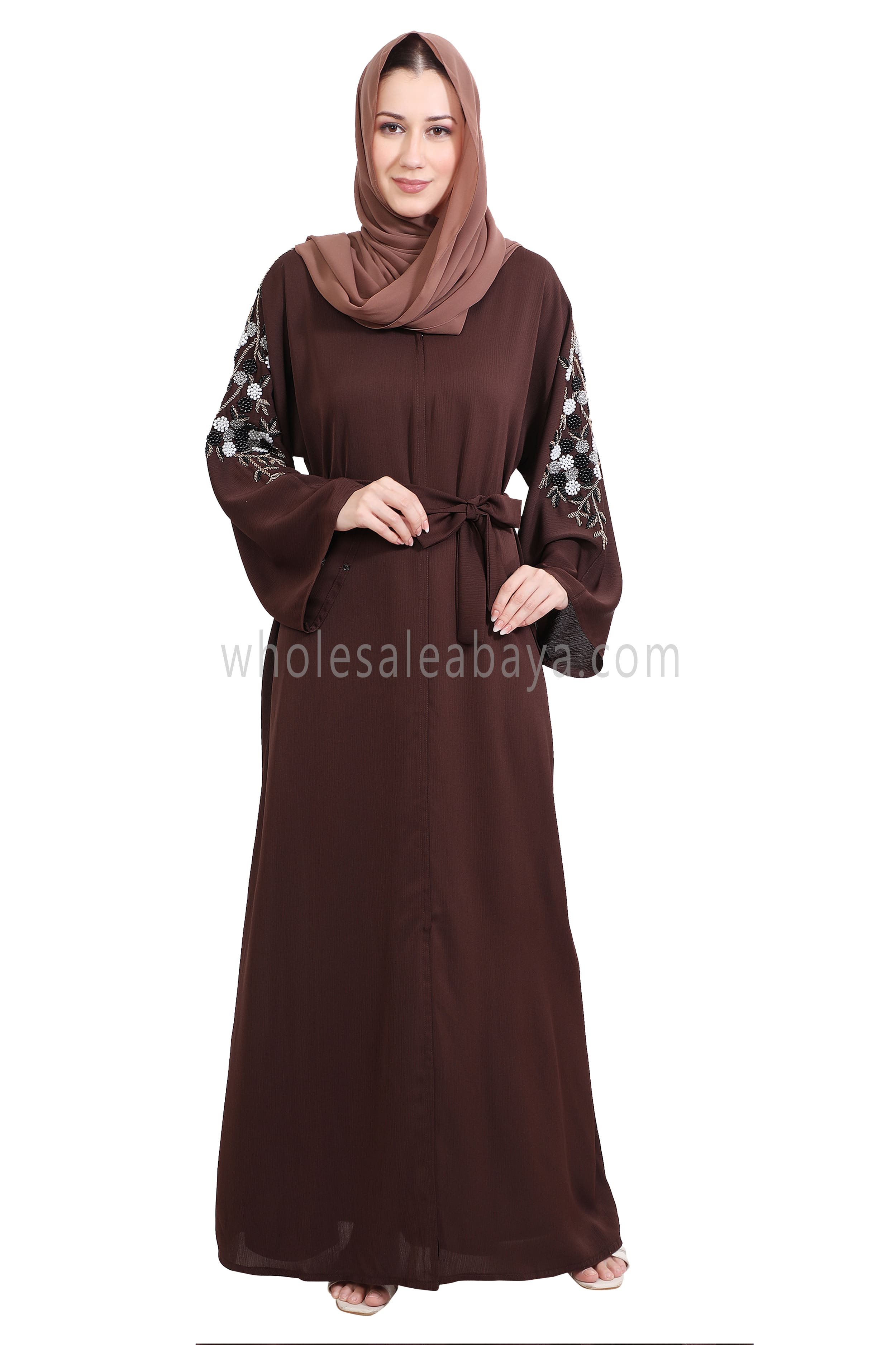 Open Abaya Style With Floral and Leaf Handwork