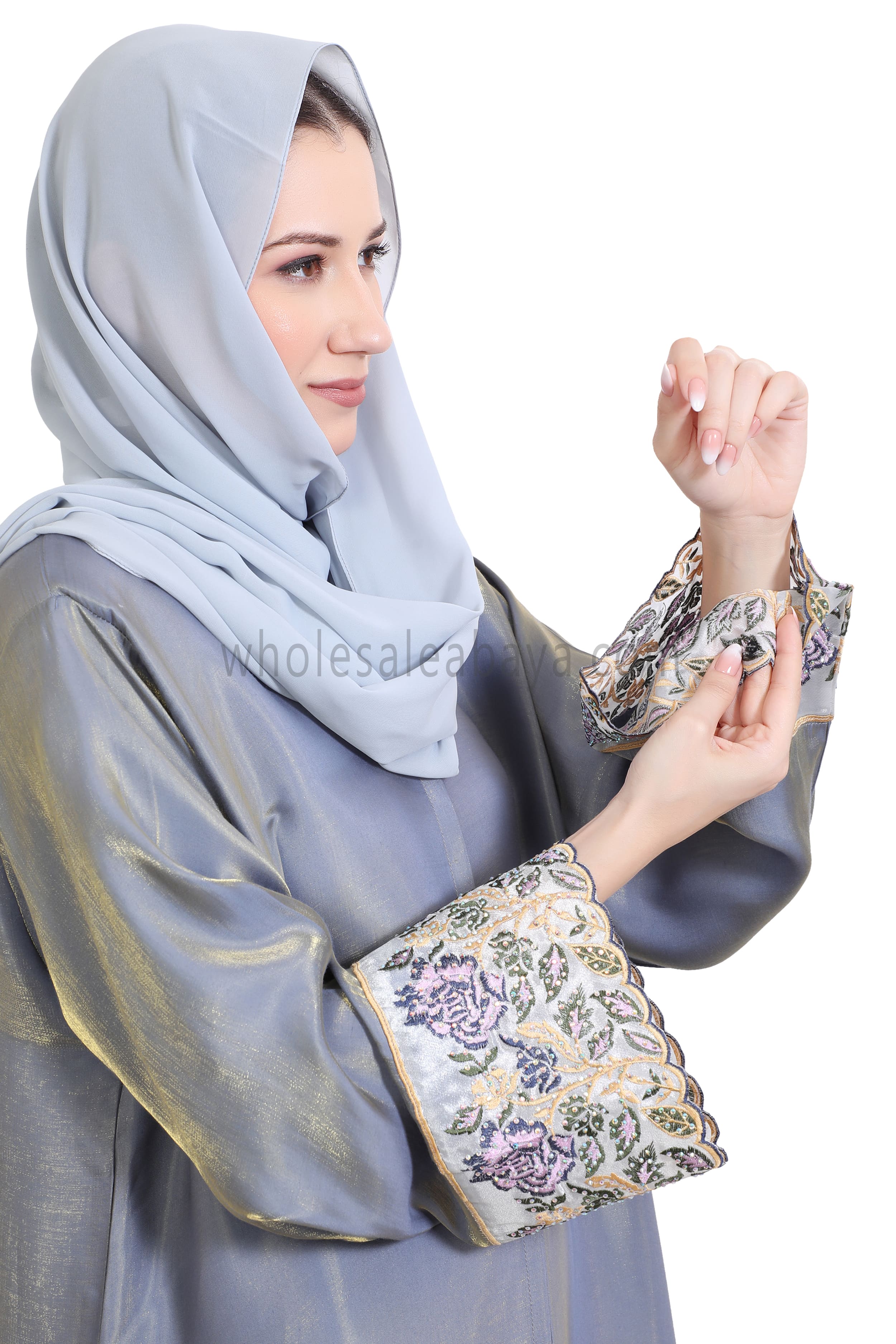 Shimmer Open Abaya With Embellished Lace on the Sleeves