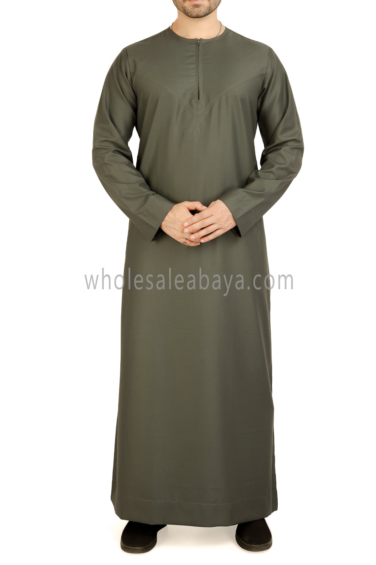 Men's Classic Plain Omani Thoube With Front Zip Olive Green