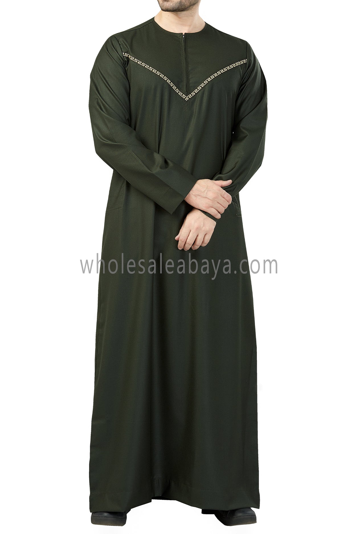 Premium Quality Omani Thoubes with Embroidered "V" Stitching Dark Green and Gold
