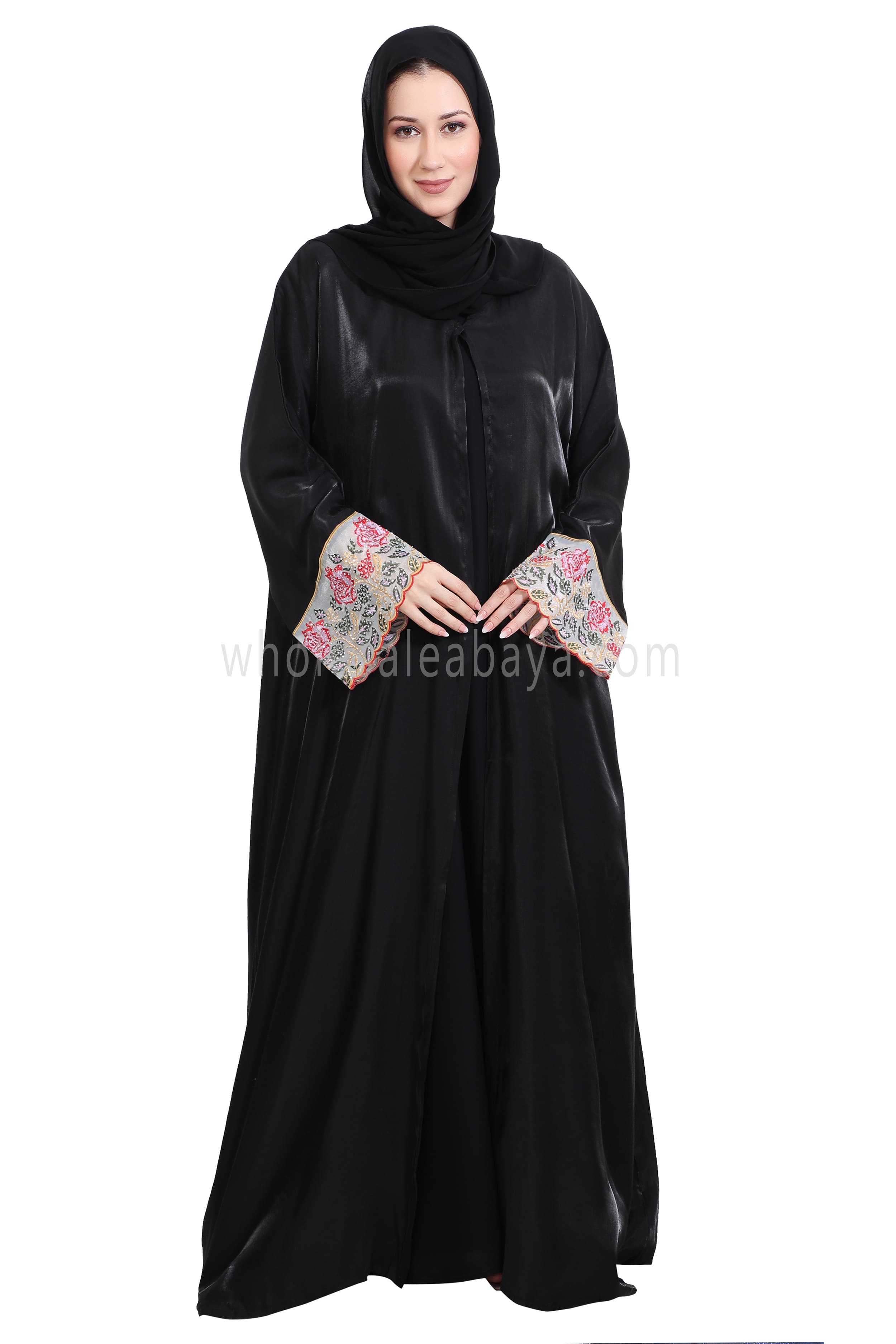 Shimmer Open Abaya With Embellished Lace on the Sleeves