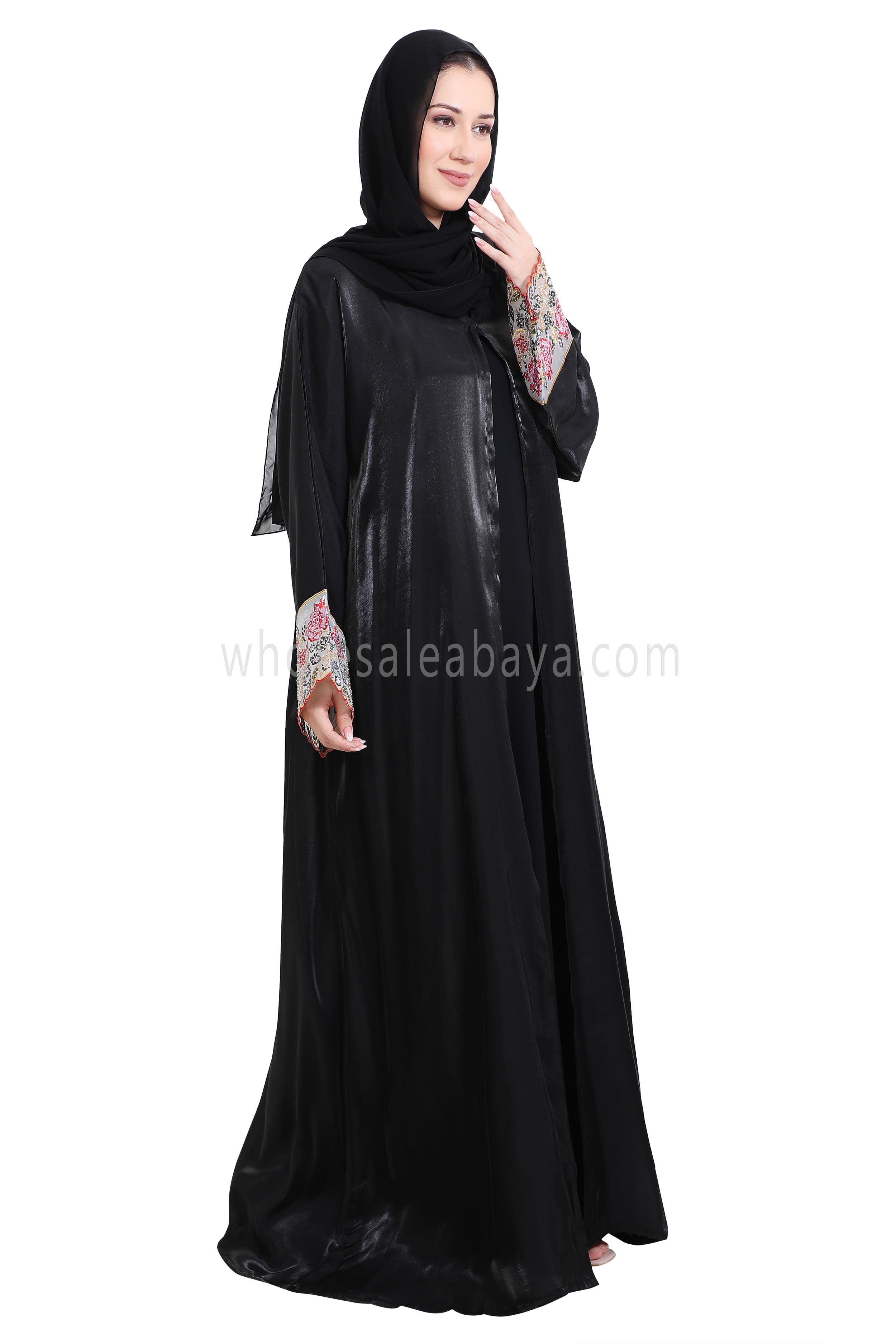 Shimmer Open Abaya With Embellished Lace on the Sleeves