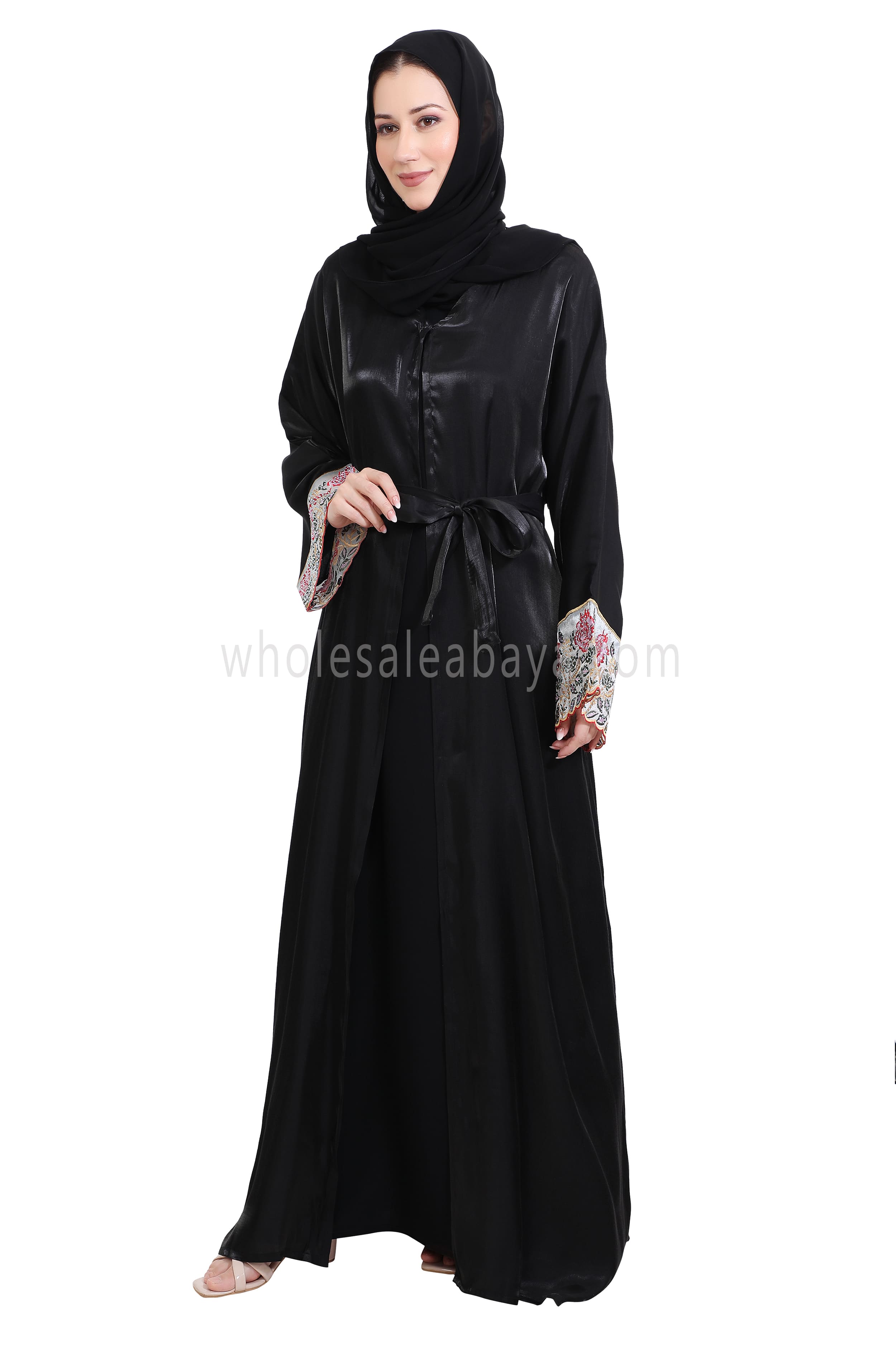Shimmer Open Abaya With Embellished Lace on the Sleeves