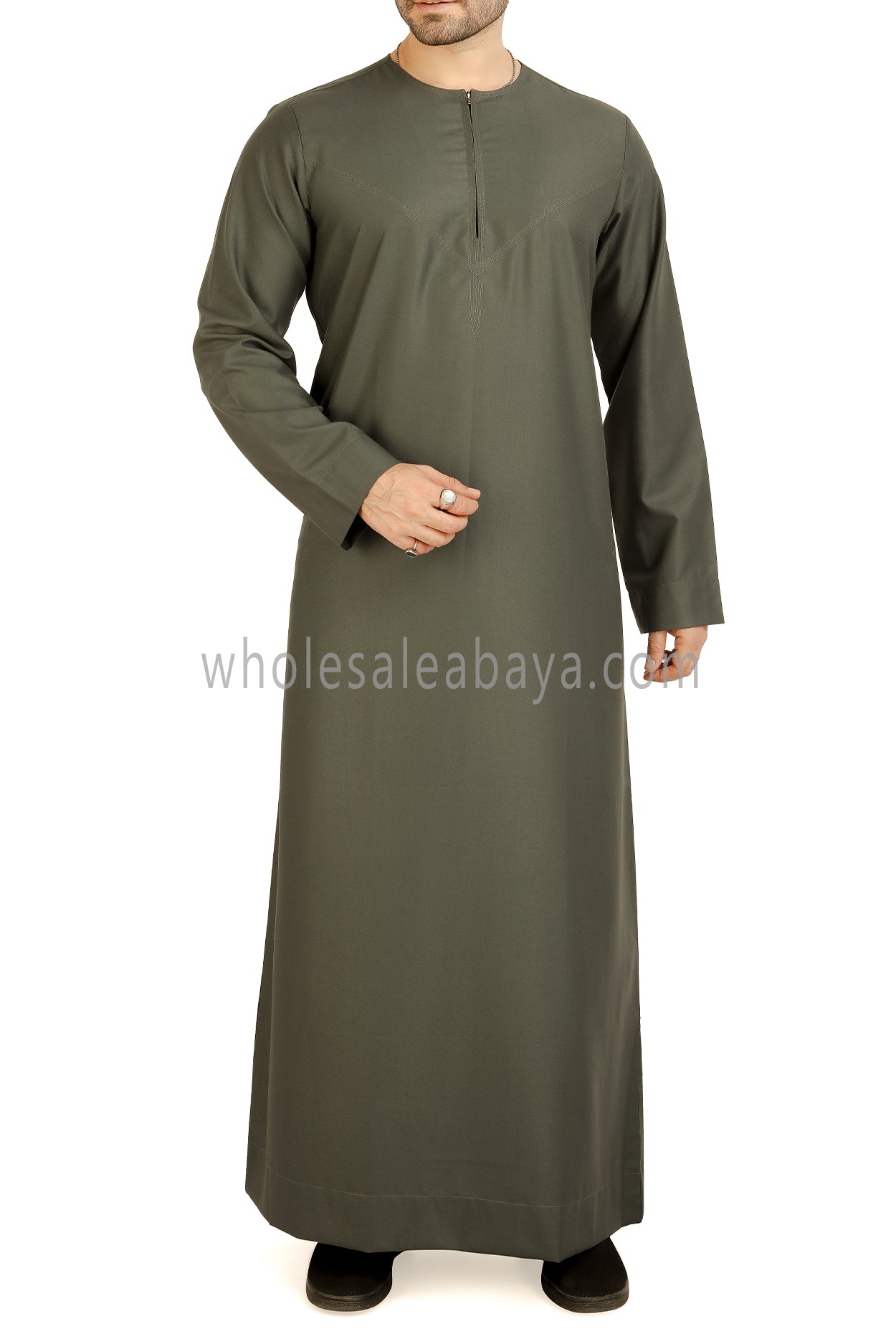 Men's Classic Plain Omani Thoube With Front Zip Olive Green