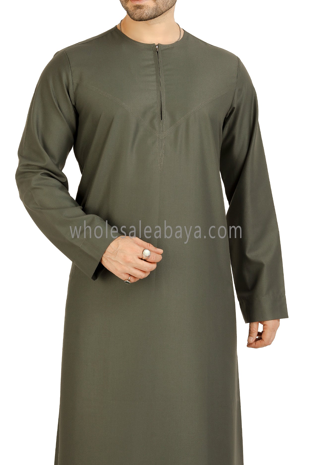 Men's Classic Plain Omani Thoube With Front Zip Olive Green