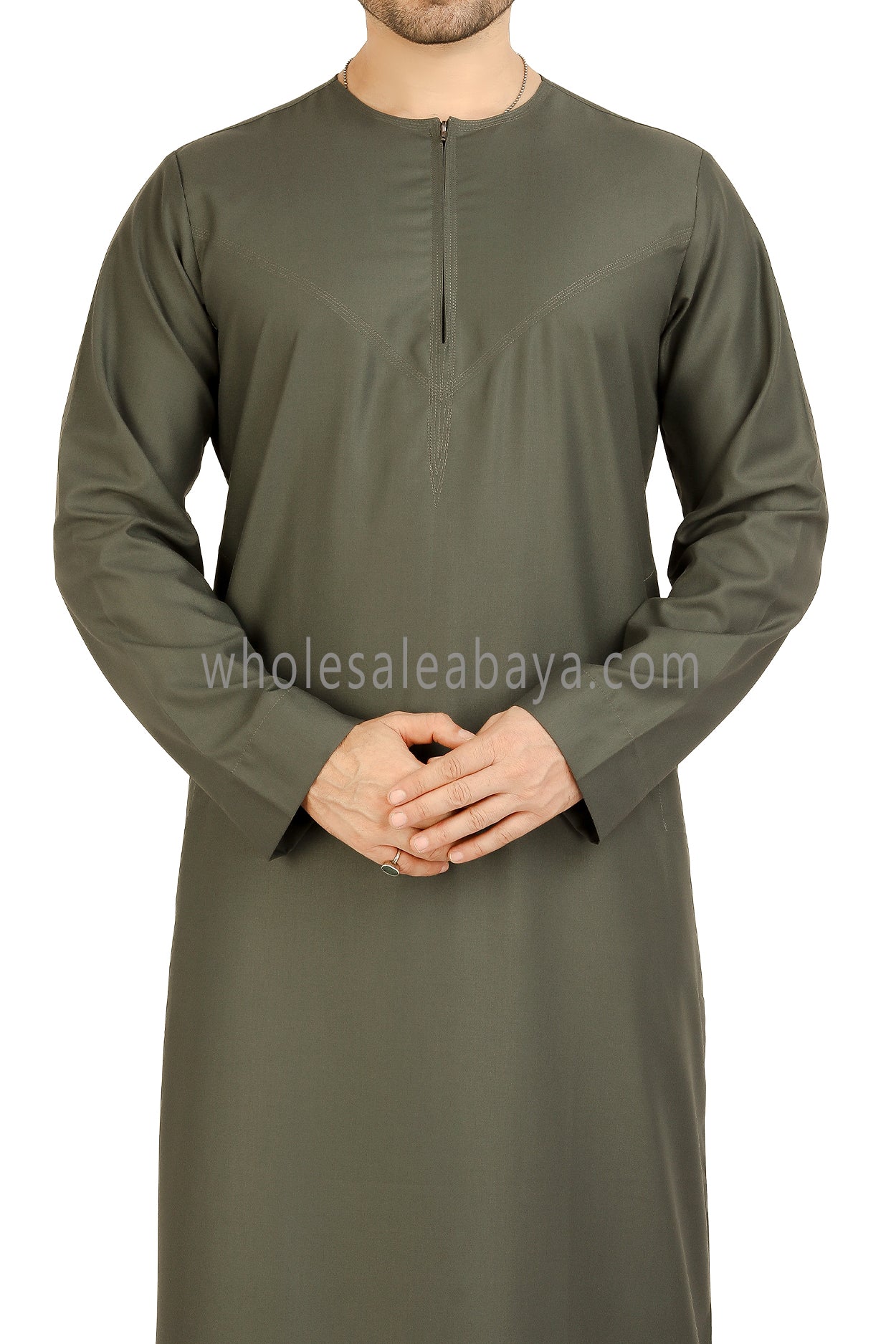 Men's Classic Plain Omani Thoube With Front Zip Olive Green